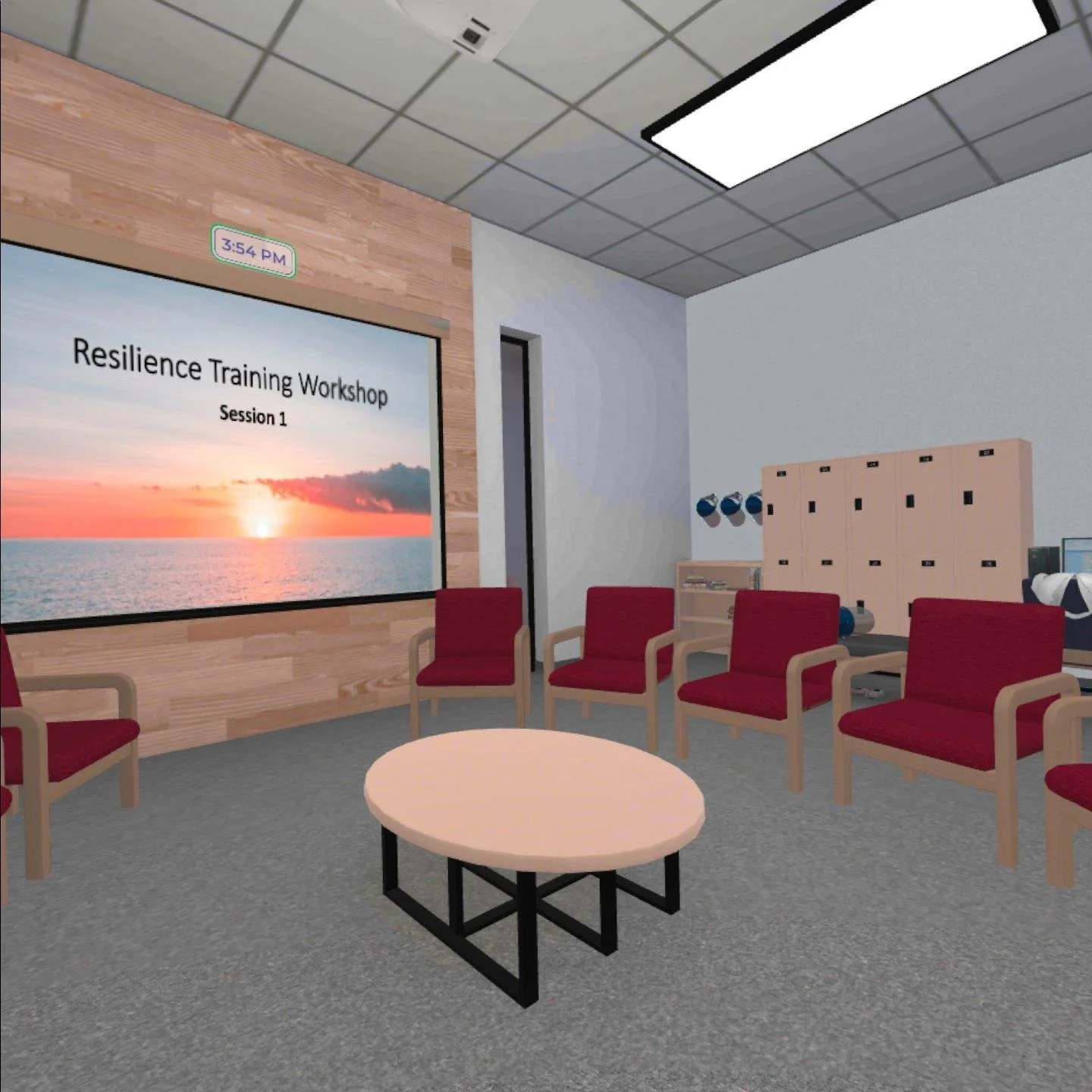 An example of a virtual meeting room within our virtual reality-based Resilience Training (ROOM) application.