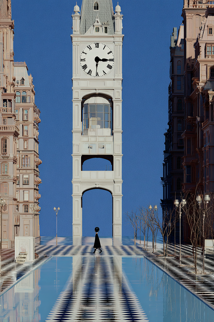 A_massive_weeping_clock_towers_over_the_model_in_a_forgotten__7e8c5b7d-dba2-41d3-b320-5bc6a04a6b6c_0.png