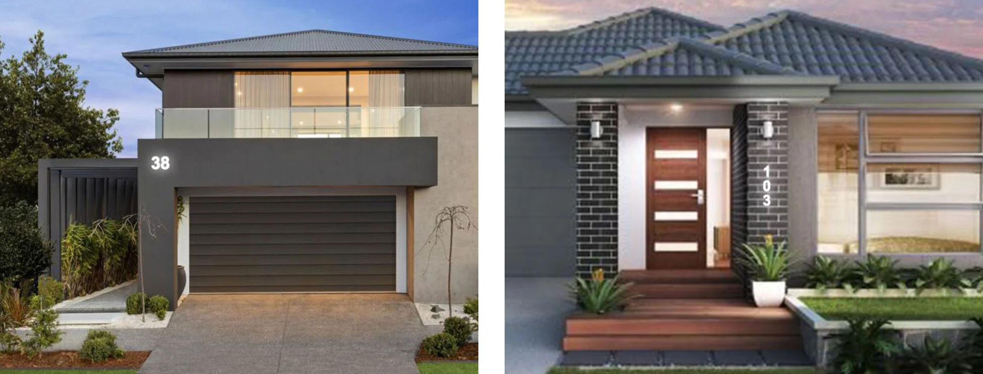 LED Illuminated house numbers, modern house front design, modern address signage.