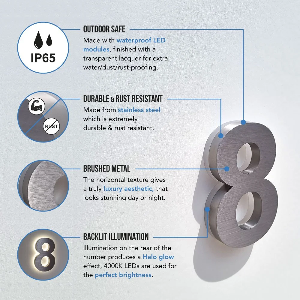 key benefits of our brushed silver LED backlit house numbers street numbers