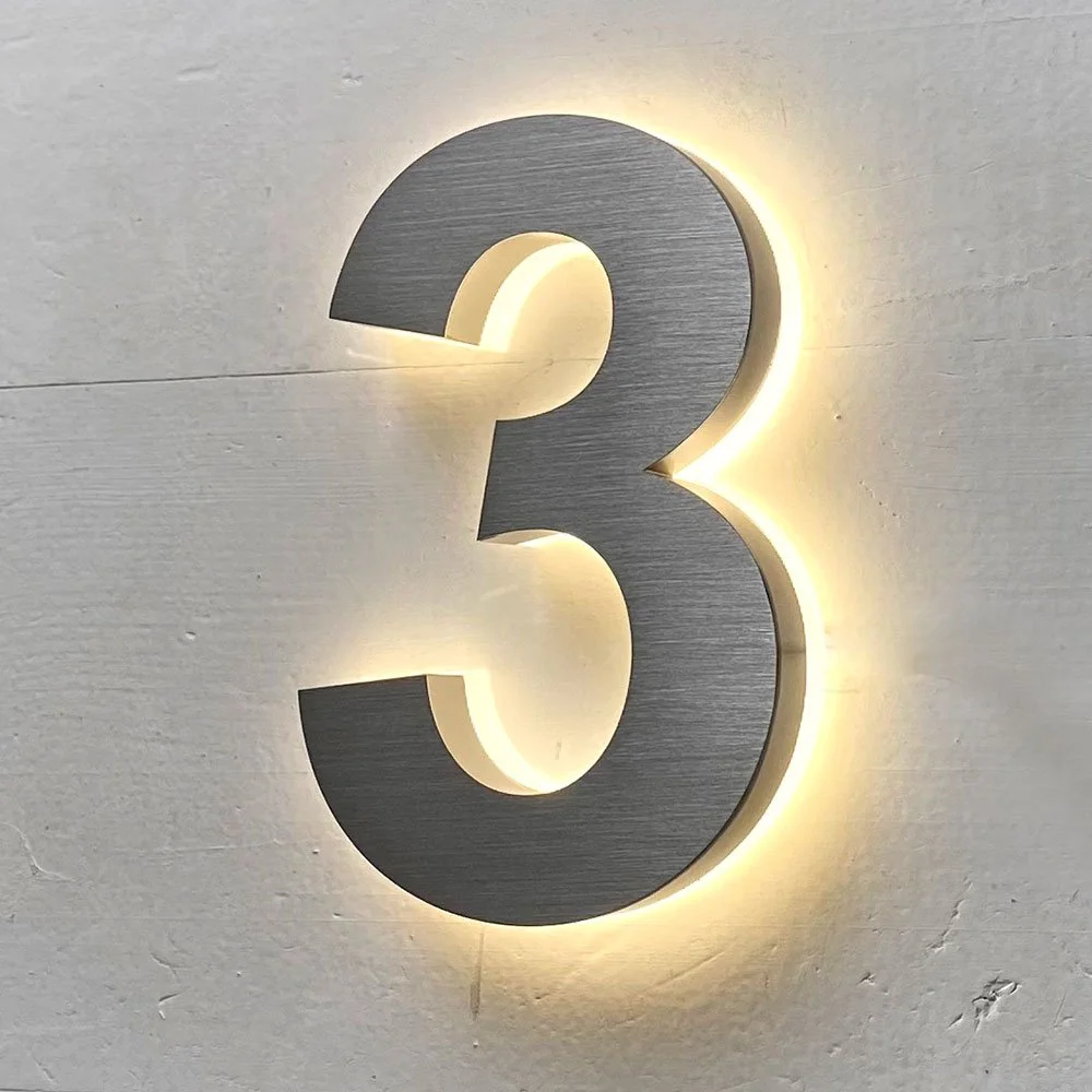 LED House Number soft backlit illumination brushed metal number