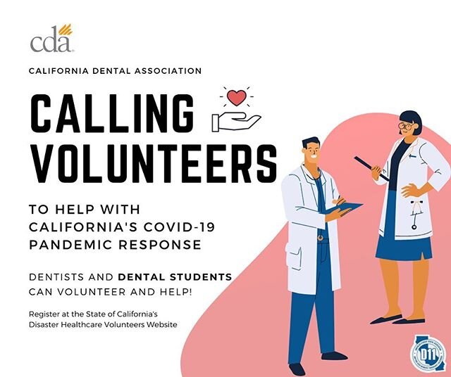 Hi Dugoni Family!!!&nbsp;👋

We hope you all are doing well during this time! Due to the COVID-19 pandemic, California is allowing dentists and dental students to sign up to help provide aid when needed!

Registration will allow local hospitals with 