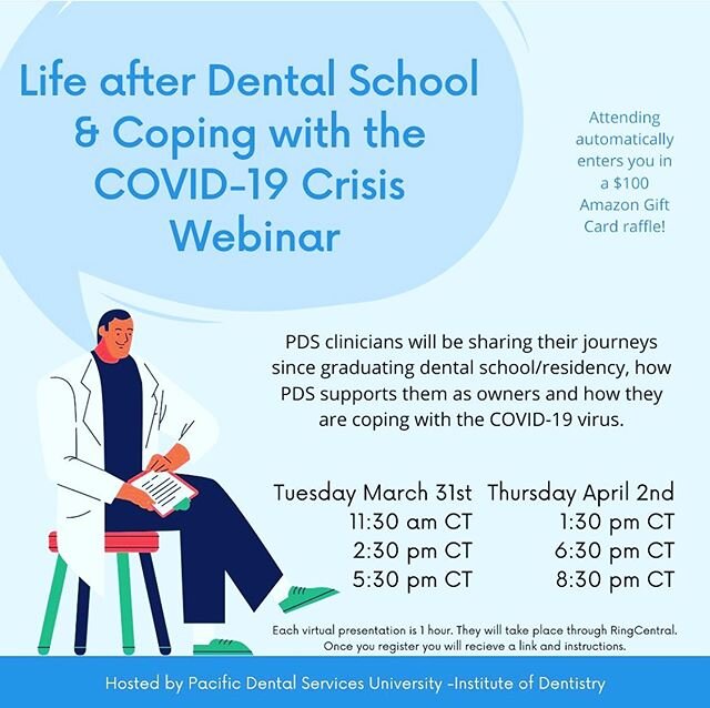 Join Pacific Dental Services University TODAY or THURSDAY for a webinar on Life after Dental School  on Coping with COVID-19!

Link to register in our bio!

registration automatically enters you in their $100 Amazon gift card raffle! 
Repost from @sa