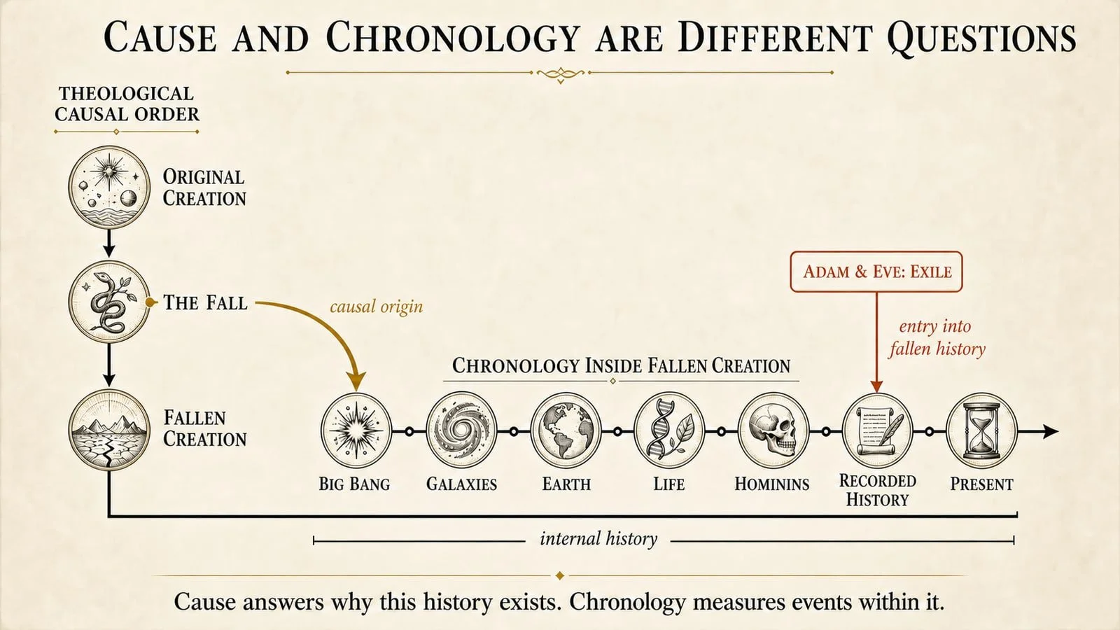 Diagram contrasting theological causal order with fallen-world chronology from the Big Bang through Adam and Eve's entry.