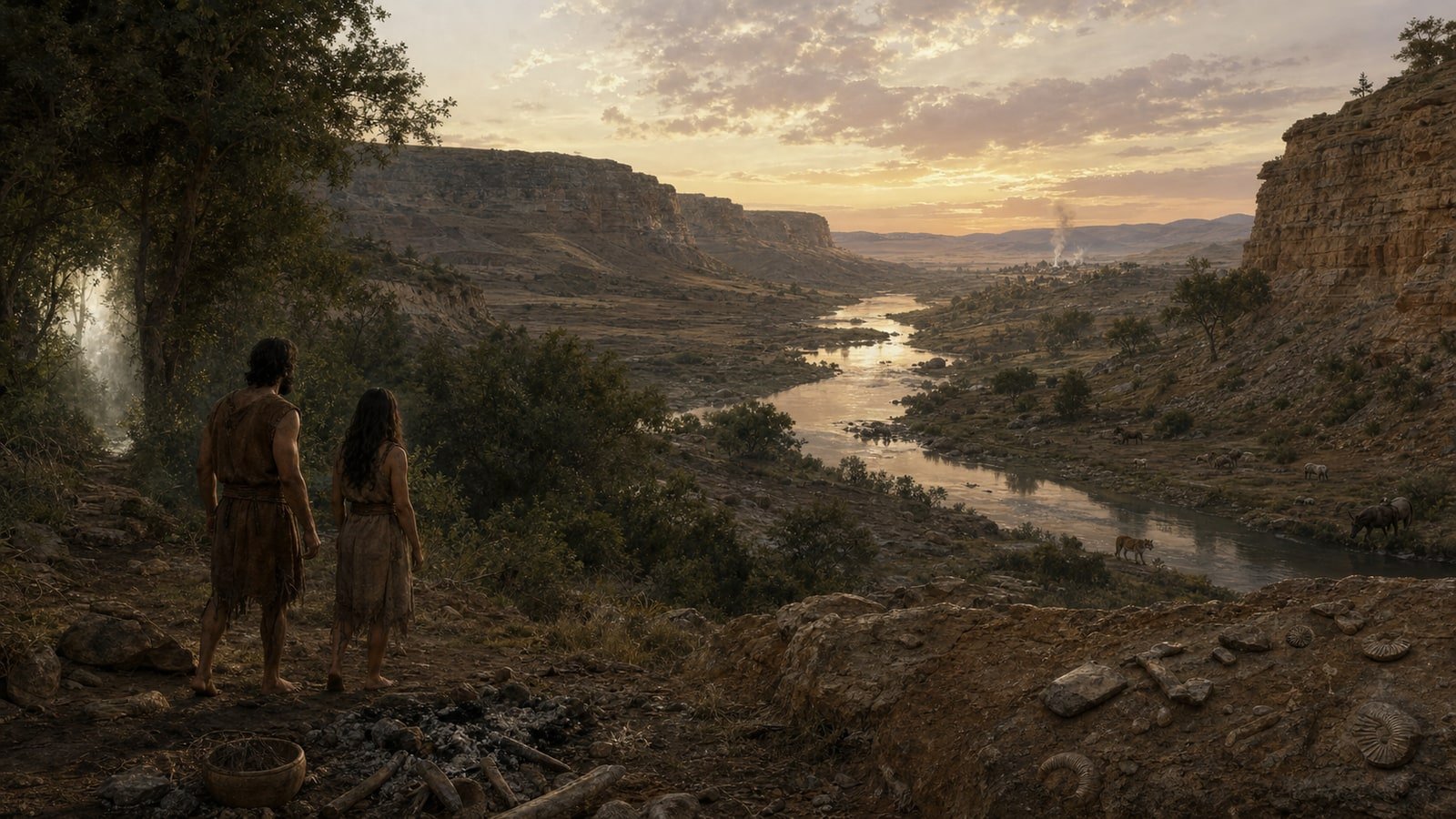 Adam and Eve look across a broad ancient river valley with layered cliffs, animals, fossils, and a distant settlement.