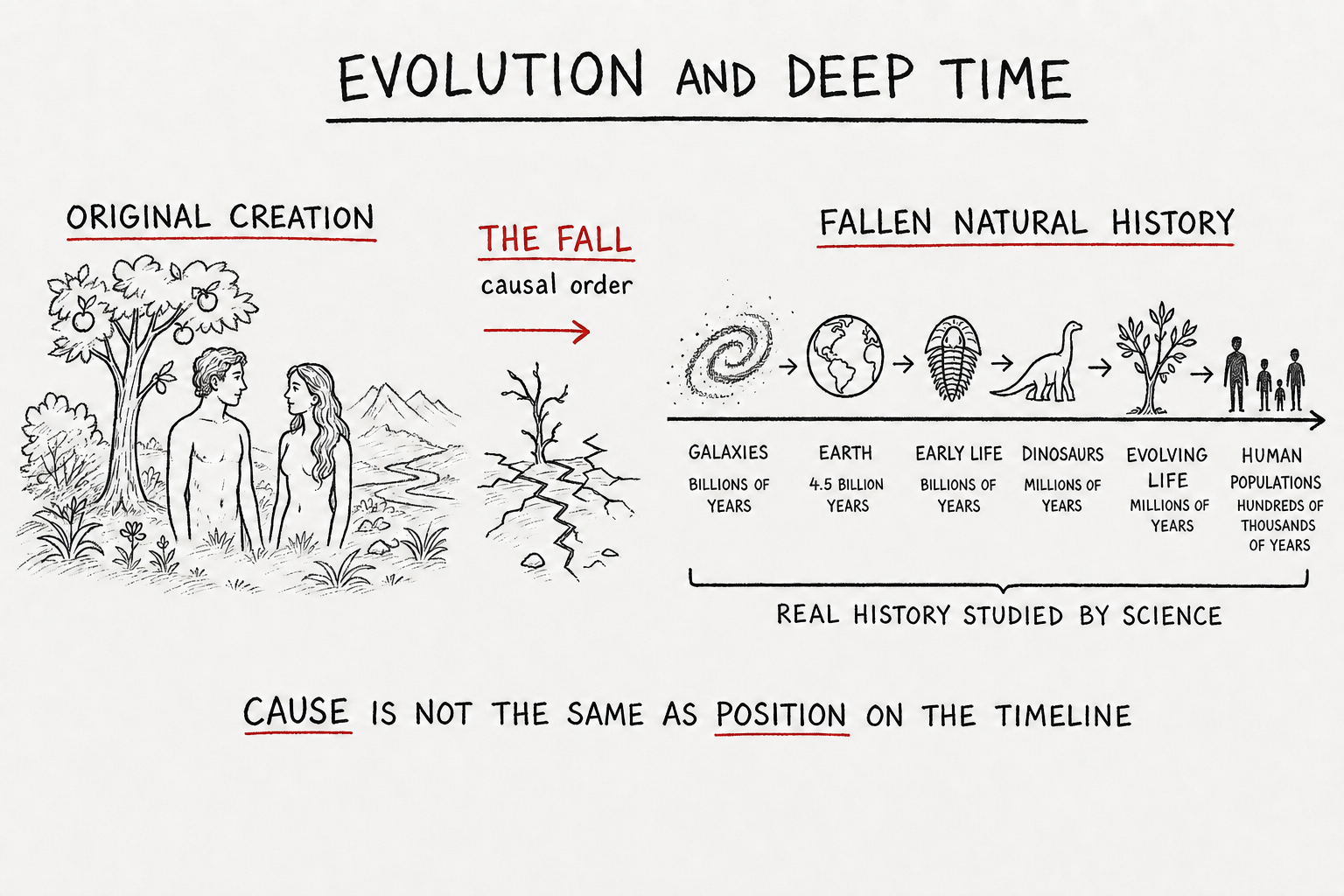 Hand-drawn FEC diagram distinguishing the Fall's causal order from the deep-time chronology of real fallen natural history.