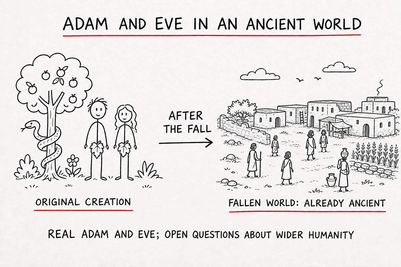 Hand-drawn FEC diagram showing Adam and Eve moving from the original creation into an already ancient fallen world with wider human populations.