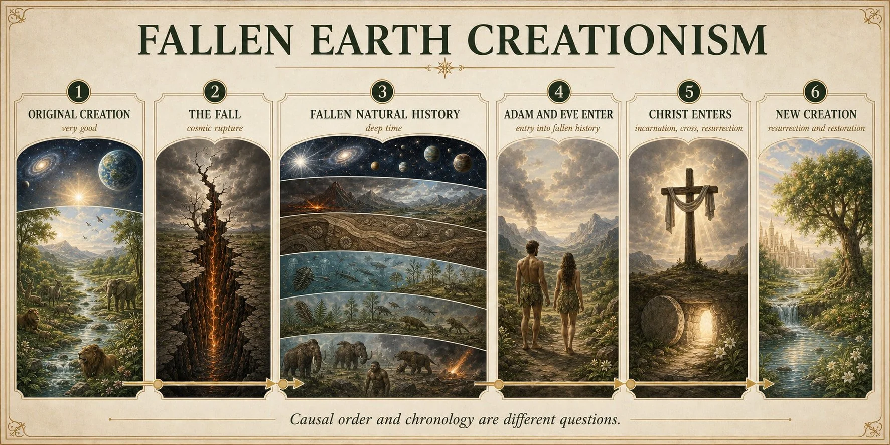 Six-movement Fallen Earth Creationism map: original creation, the Fall, fallen natural history, Adam and Eve enter, Christ enters, and new creation.