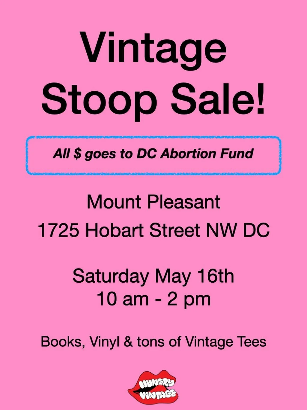 Popping Up on our stoop this Saturday!
.
Mount Pleasant from 10a-2p.
.
Raising $ for @dcabortionfund to support abortion access for all!
.
1725 Hobart St NW
Washington DC 20009
.
______________________
#mountpleasant #Mountpleasantdc #dmv #vintage