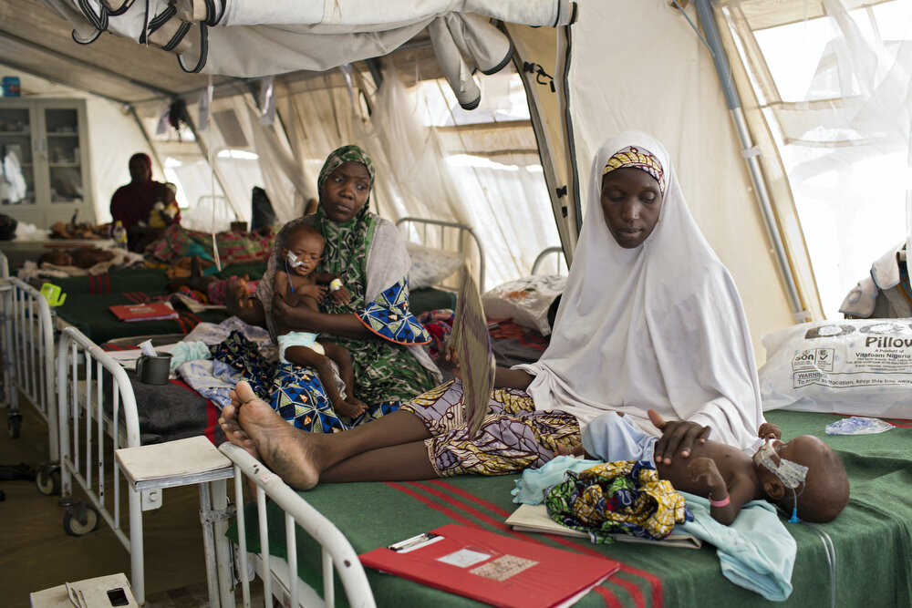 Women with their children who receive treatment for severe acute malnutrition at a Doctors Without Borders clinic in Maiduguri, Nigeria.
