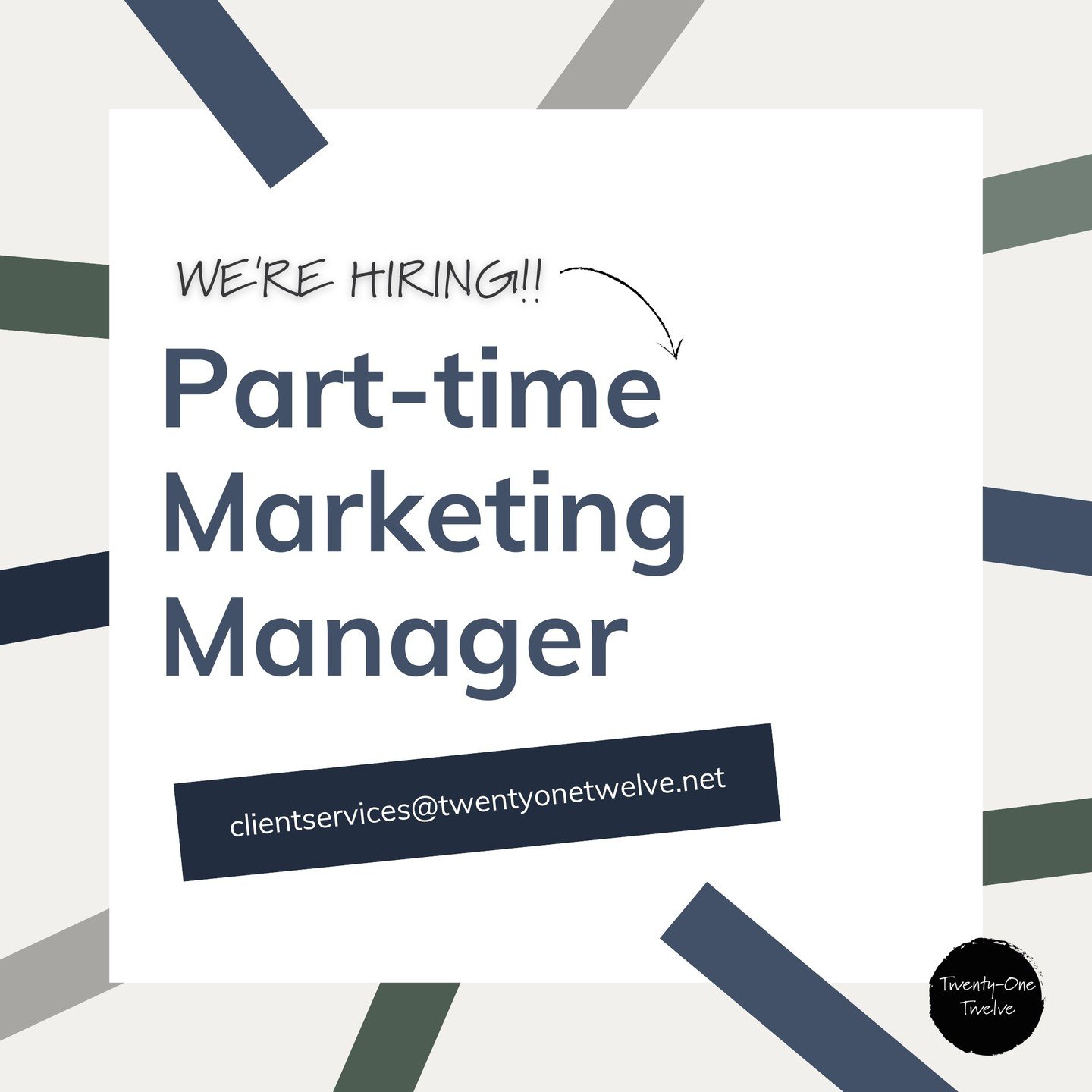 A fab retail design studio based in West London is looking for a part-time Marketing Manager to join their team 2 to 3 days per week. If you're interested in more details, pop your CV to clientservices@twentyonetwelve.net to apply!!