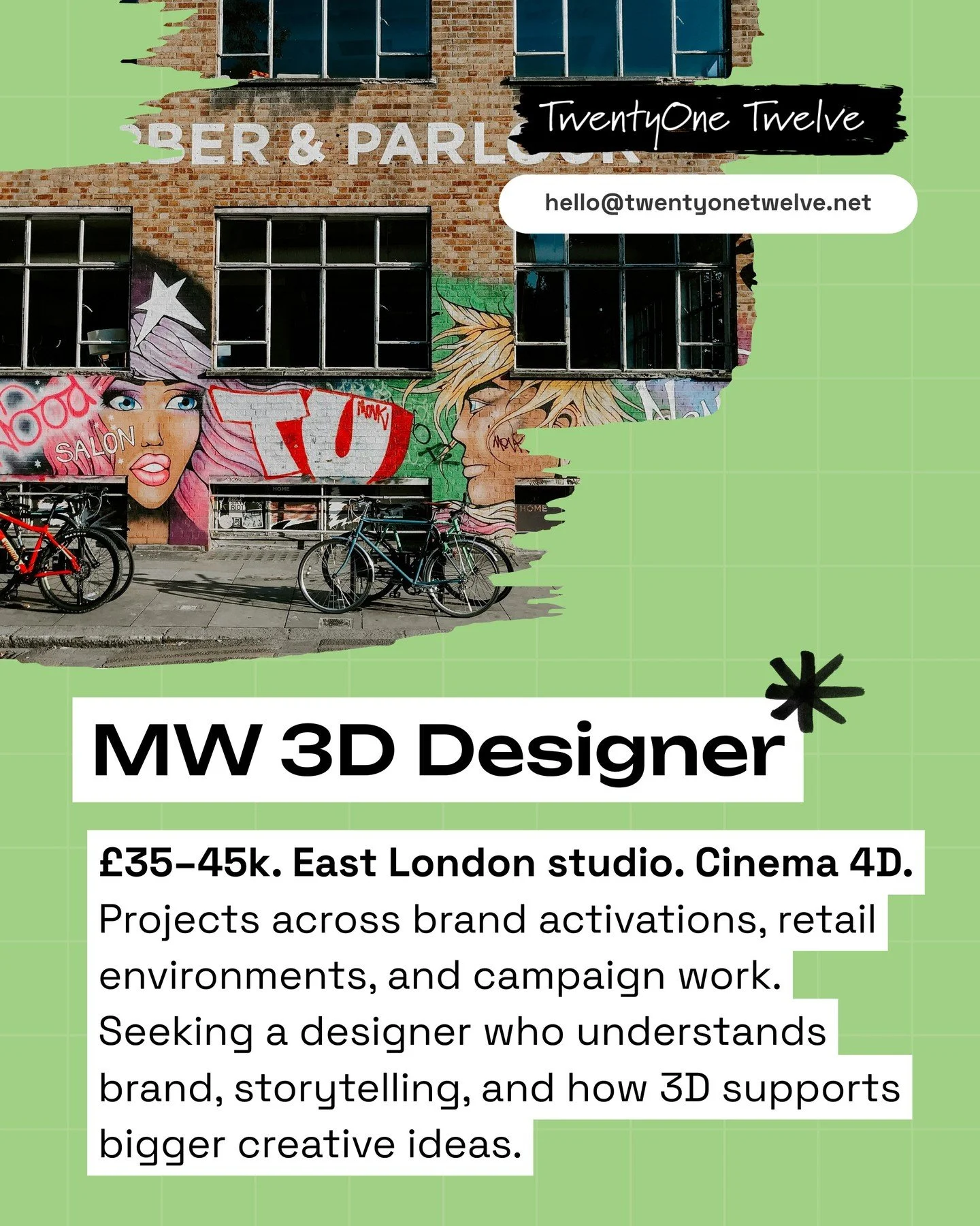 Middleweight 3D Designer, where you at?✨

East London studio. &pound;35&ndash;45k. Cinema 4D.
If you can turn a rough idea into a crisp visual, and you get that 3D is storytelling (not just shiny renders), this one&rsquo;s got your name on it.

Portf
