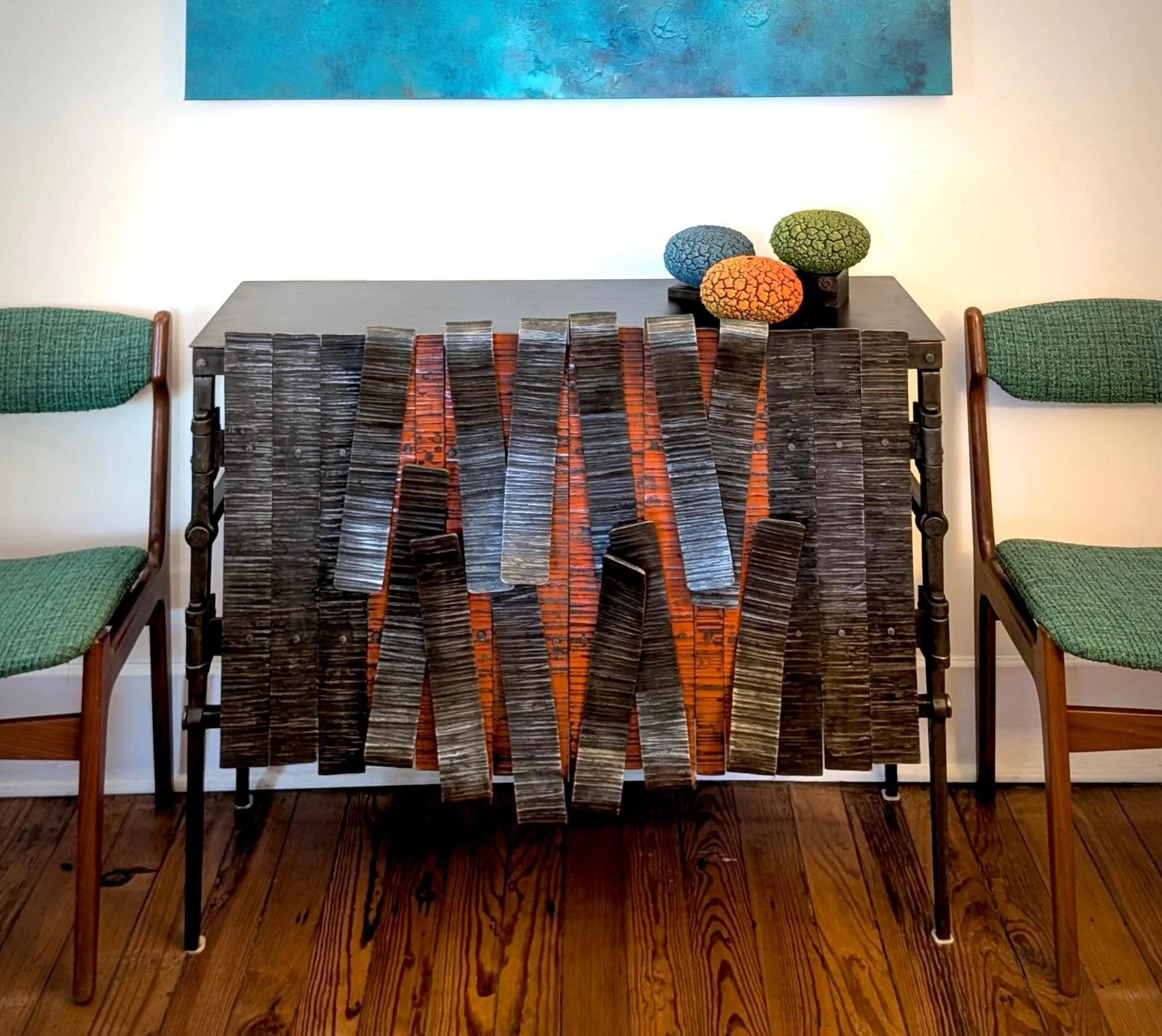 This one was adopted in #memphis at the @riverartsmemphis by two of the best volunteers at the show. 
#blacksmith #sculpturalfurniture #handforged