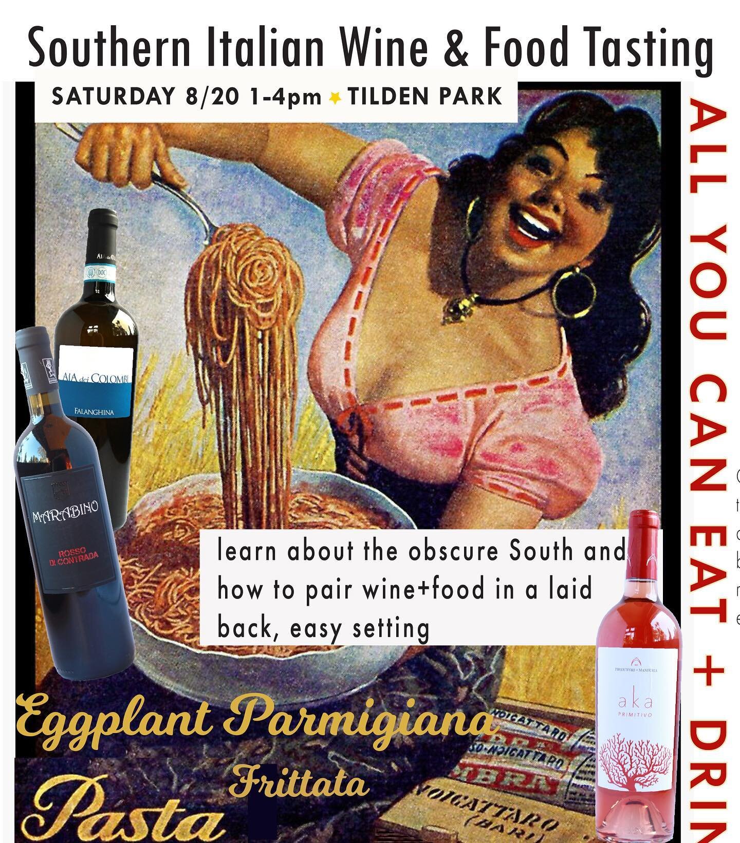 What are you doing Saturday August 20th? Come hang out!!

We&rsquo;ll be outdoors at Tilden Park drinking a selection of southern Italian wines and learning how to pair wine with food. It will be chill, fun, and it&rsquo;s all you can eat and drink!

