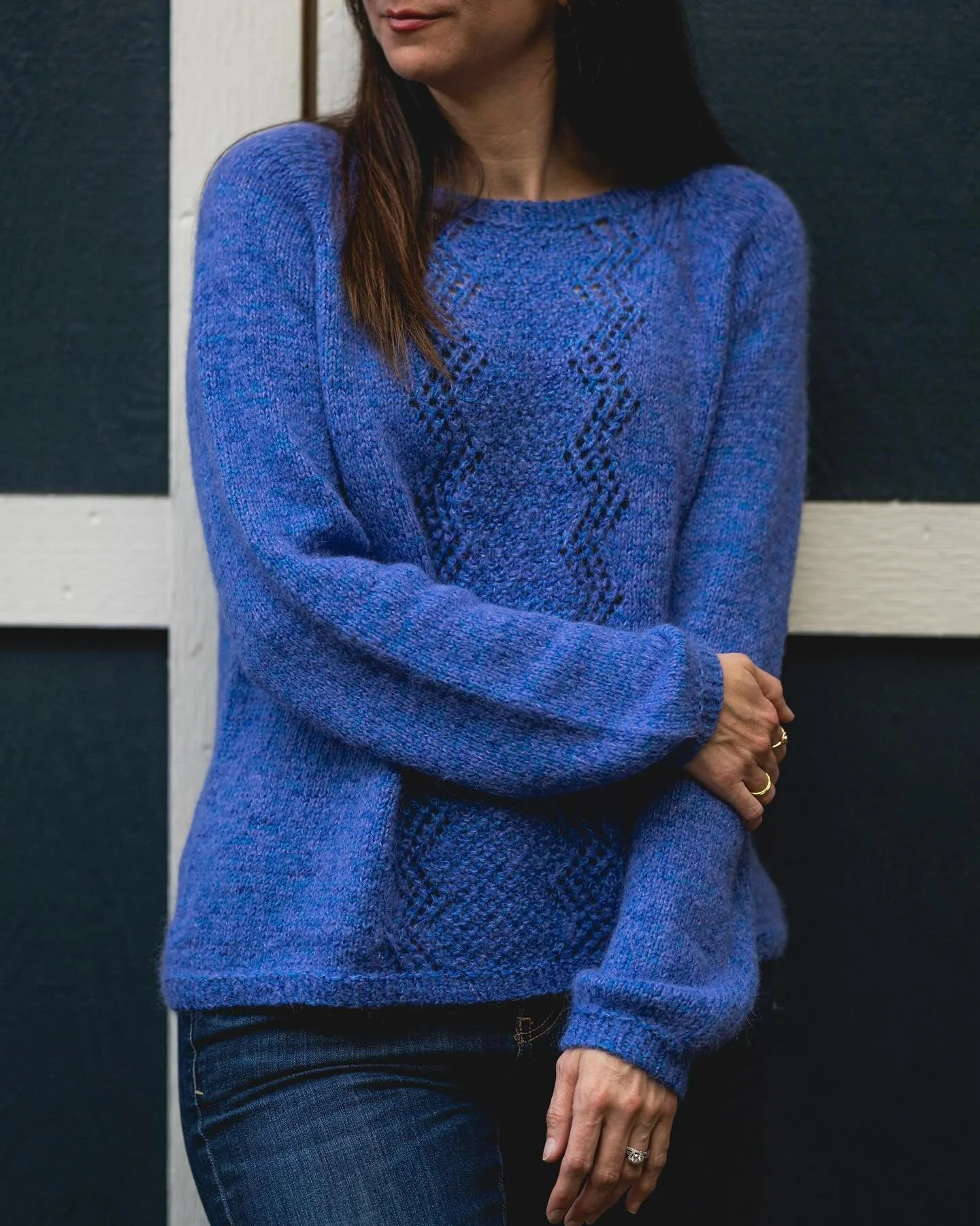 The Brunch Crew is a top down raglan with a decorative geometric lace motif along the front and back. The DK-weight gauge and lace panels means this knits up incredibly fast while giving you a nice stitch definition and fun details to keep you wantin
