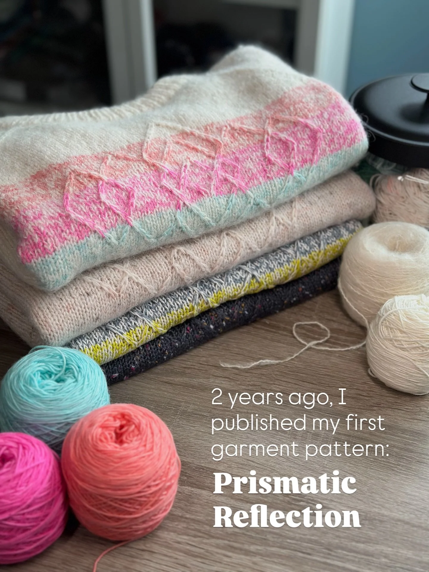 Two years ago I released my first garment design, the Prismatic Reflection Sweater. This garment turned into quite a passion project that inspired 4 versions (2 long-sleeve and 2 short-sleeve), a matching sock pattern, a step-by-step tutorial on how 