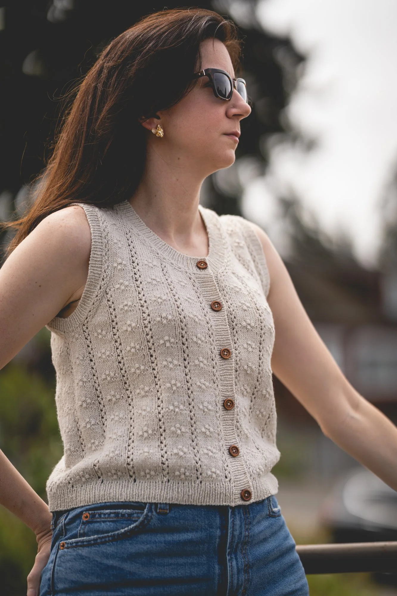 Hand knit pointelle button down vest