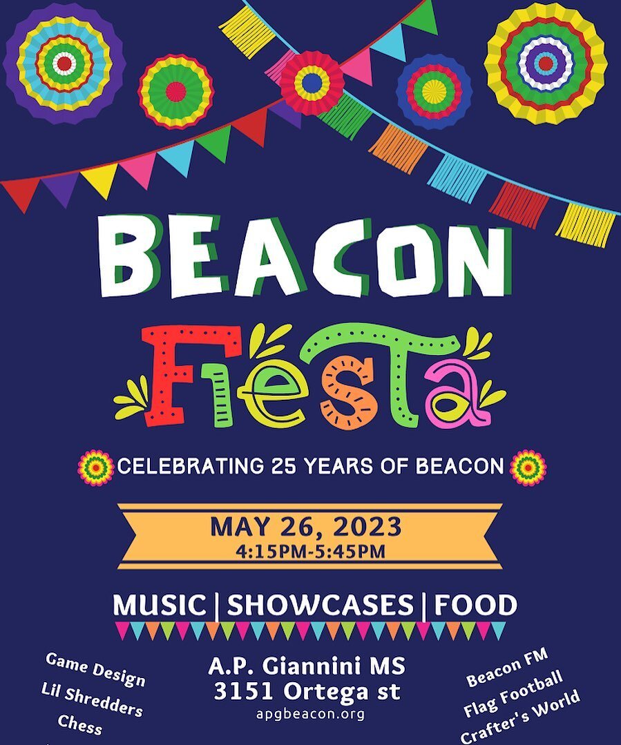 We would like to invite you to celebrate 25 years of Beacon After School Programming at APG. We are celebrating with our usual club showcases and will also have catered food from Underdogs, raffles for students and parents/ caregivers, pinatas with g