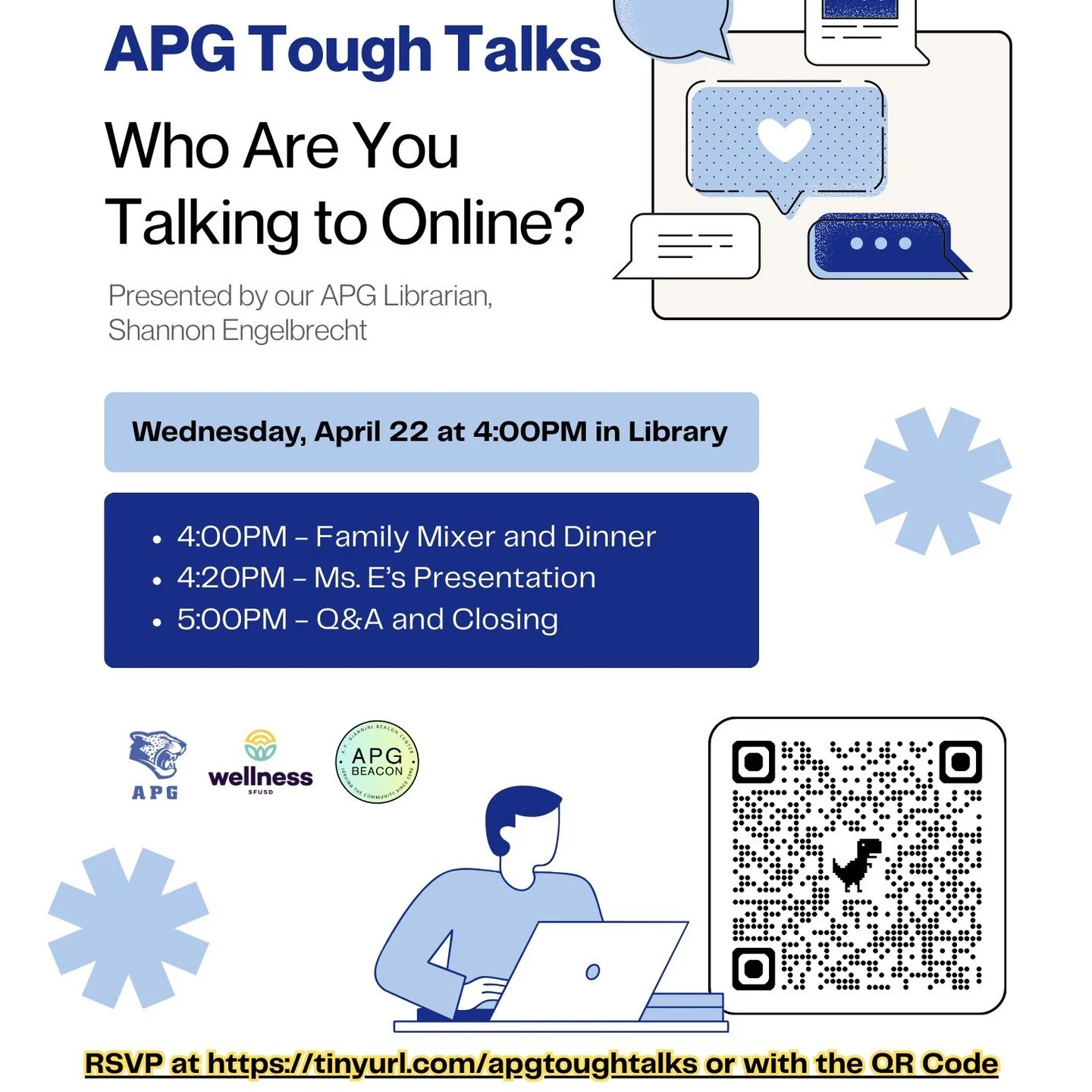 Join us for our First APG Tough Talks: Who Are You Talking to Online? Wednesday, April 22nd at 4:00PM
Presented by our APG Librarian, Shannon Engelbrecht! 

We will have an opportunity to enjoy hot food and refreshments, mingle with other APG familie