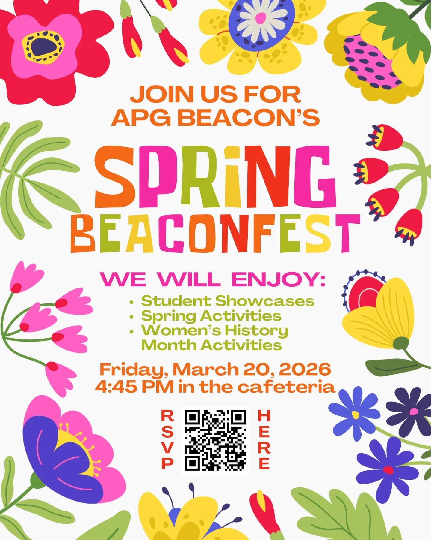 🌸✨ Spring is calling &mdash; and we'd love to see you there! Join us for APG Beacon's Spring Beaconfest this Friday, March 20 at 4:45 PM in the cafeteria. Expect Student Showcases, Spring Activities, and Women's History Month celebrations. Don't mis