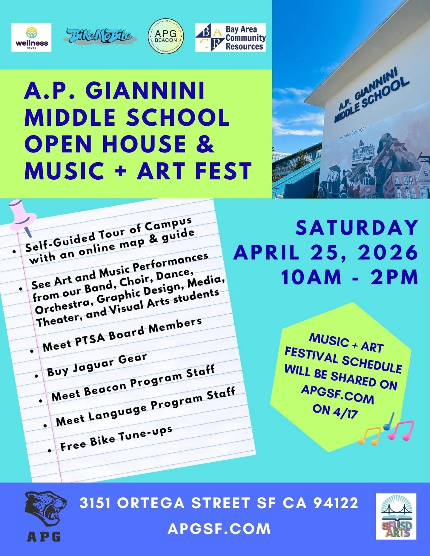 A.P. Giannini Middle School Open House &amp; Music + Art Fest
Saturday, April 25, 2026, 10am - 2pm

- Self-Guided Tour of Campus with an online map &amp; guide
- See Art and Music Performances from our Band, Choir, Dance, Orchestra, Graphic Design, M