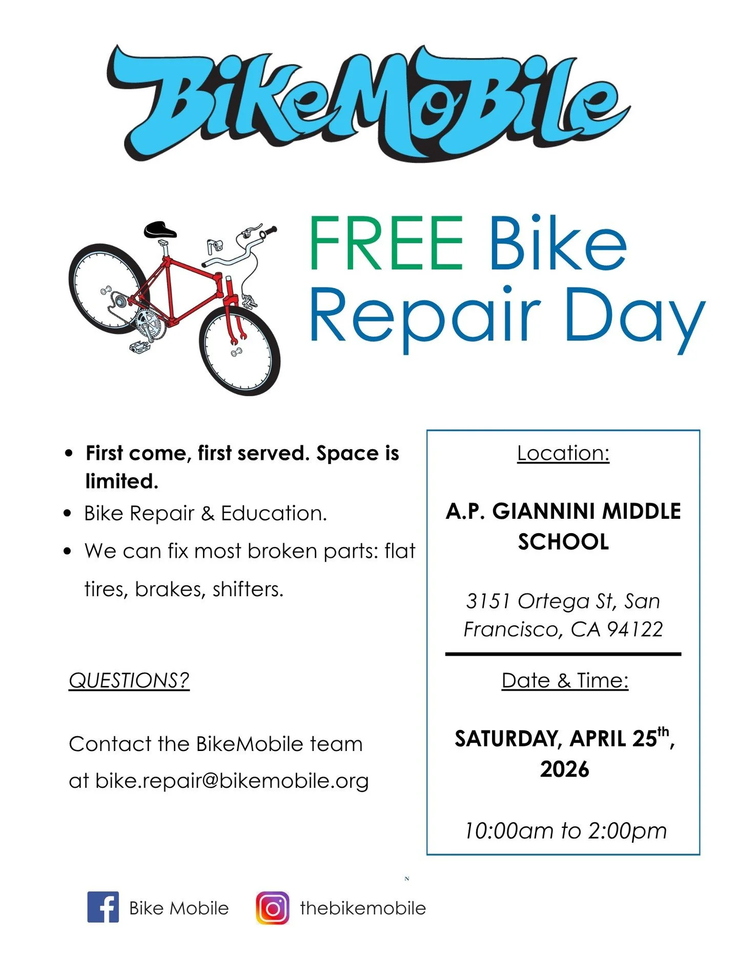 Join Us at Open House! 

BikeMobile will be here at A.P. Giannini for our Open House on Saturday, April 25 from 10:00am to 2:00pm, offering free bike repair and education at our Open House. 

This is a wonderful opportunity for our students, families