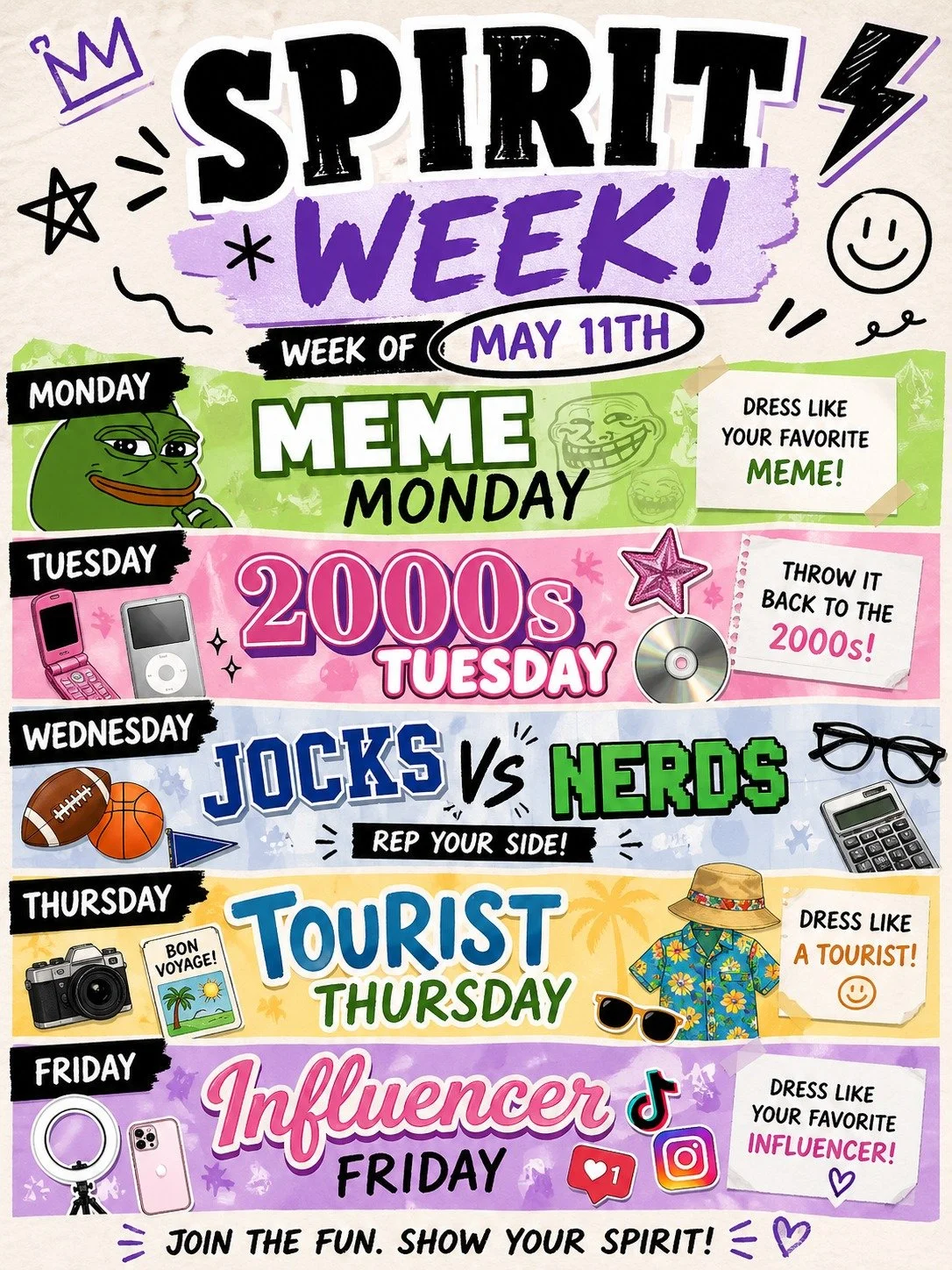 Spirit Week is HERE! 🔥 Dress like your fave meme, throw it back to the 2000s, rep your side in Jocks vs Nerds, go full tourist mode, OR channel your inner influencer. Five days. Five chances to have the best week ever. Who's in?! 👇 #SpiritWeek