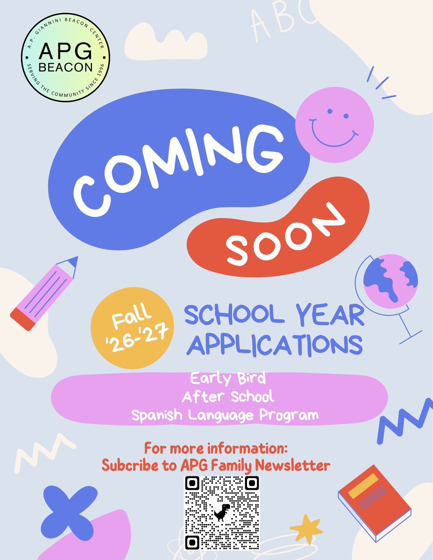 🎒 Big news, APG families! Fall '26-'27 School Year Applications are coming soon!
Early Bird, After School &amp; Spanish Language Program spots will be opening up &mdash; subscribe to the APG Family Newsletter on our website or by scanning the QR cod