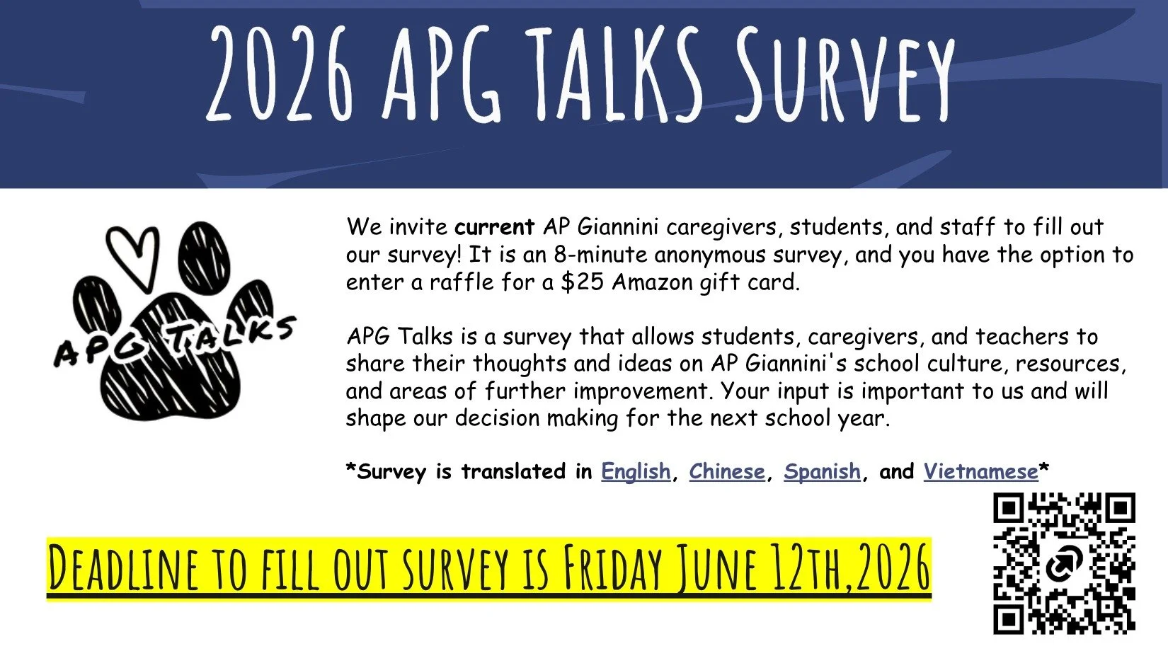 Reminder: 2026 APG Talks Survey! 
Deadline to fill out survey is Friday, June 12th, 2026. 

Please scan QR code to direct to our survey