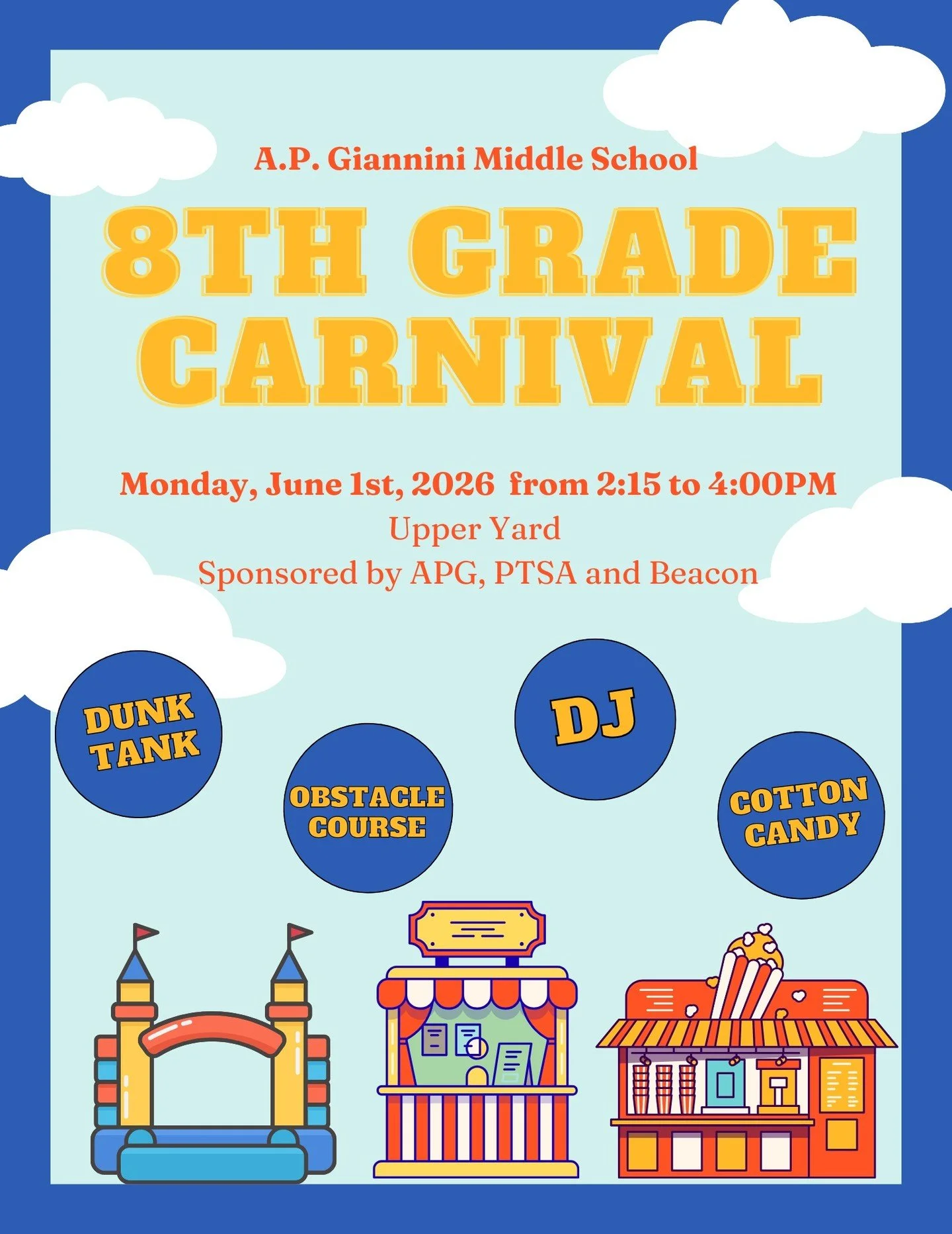 Get ready for an afternoon of fun at the APG 8th Grade Carnival on Monday, June 1st from 2:15&ndash;4:00 PM in the Upper Yard!

There will be:
DJ &amp; music
Cotton candy
Dunk tank
Obstacle courses
And more!

Come celebrate the end of the year and ma