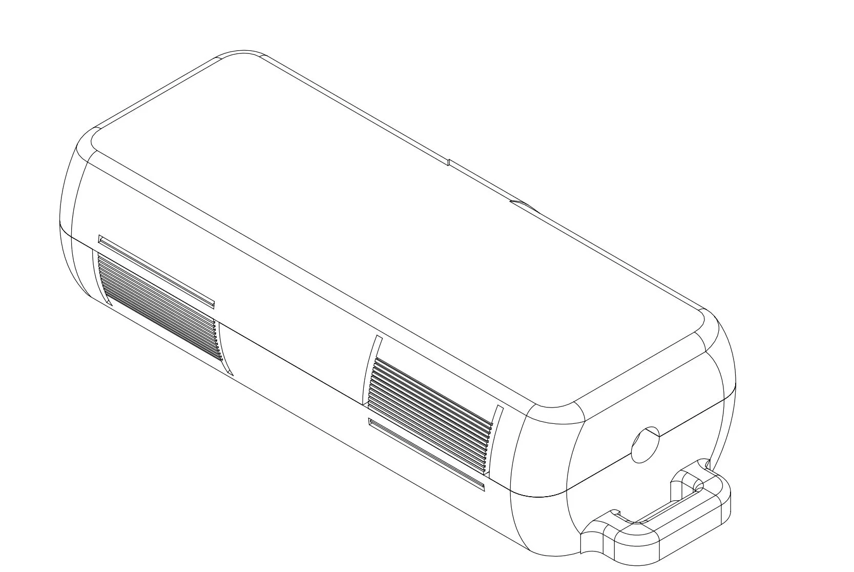 Line drawing of a clear plastic box with grip areas and a handle.