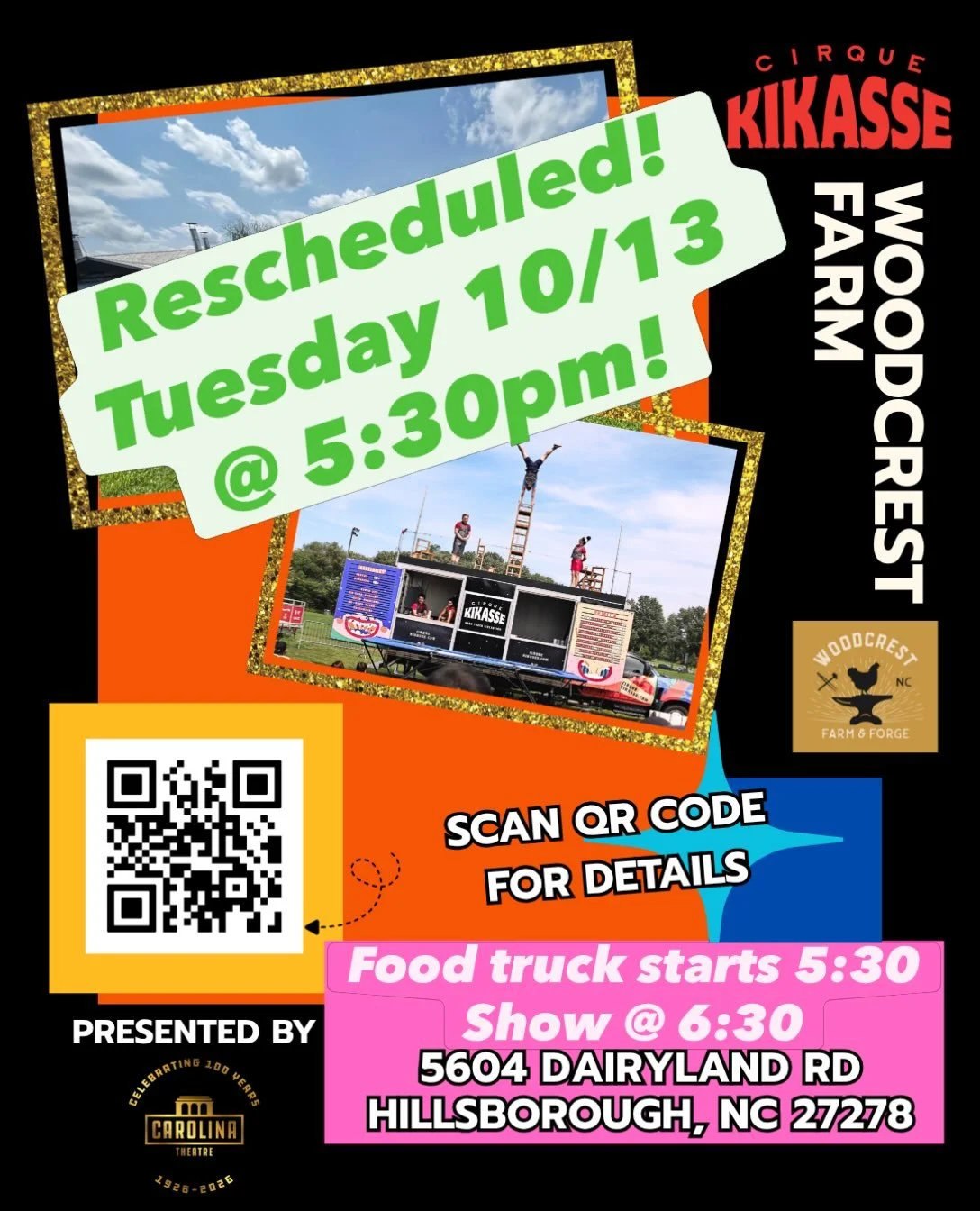 Due to the weather we&rsquo;re rescheduling this event - now Tuesday, 10/13 at 5:30pm. Tell your friends, bring a lawn chair and get ready for a fun evening of Woodcrest Pork and performers from Montreal! #localfood #allnaturalpork #cirquekickasse