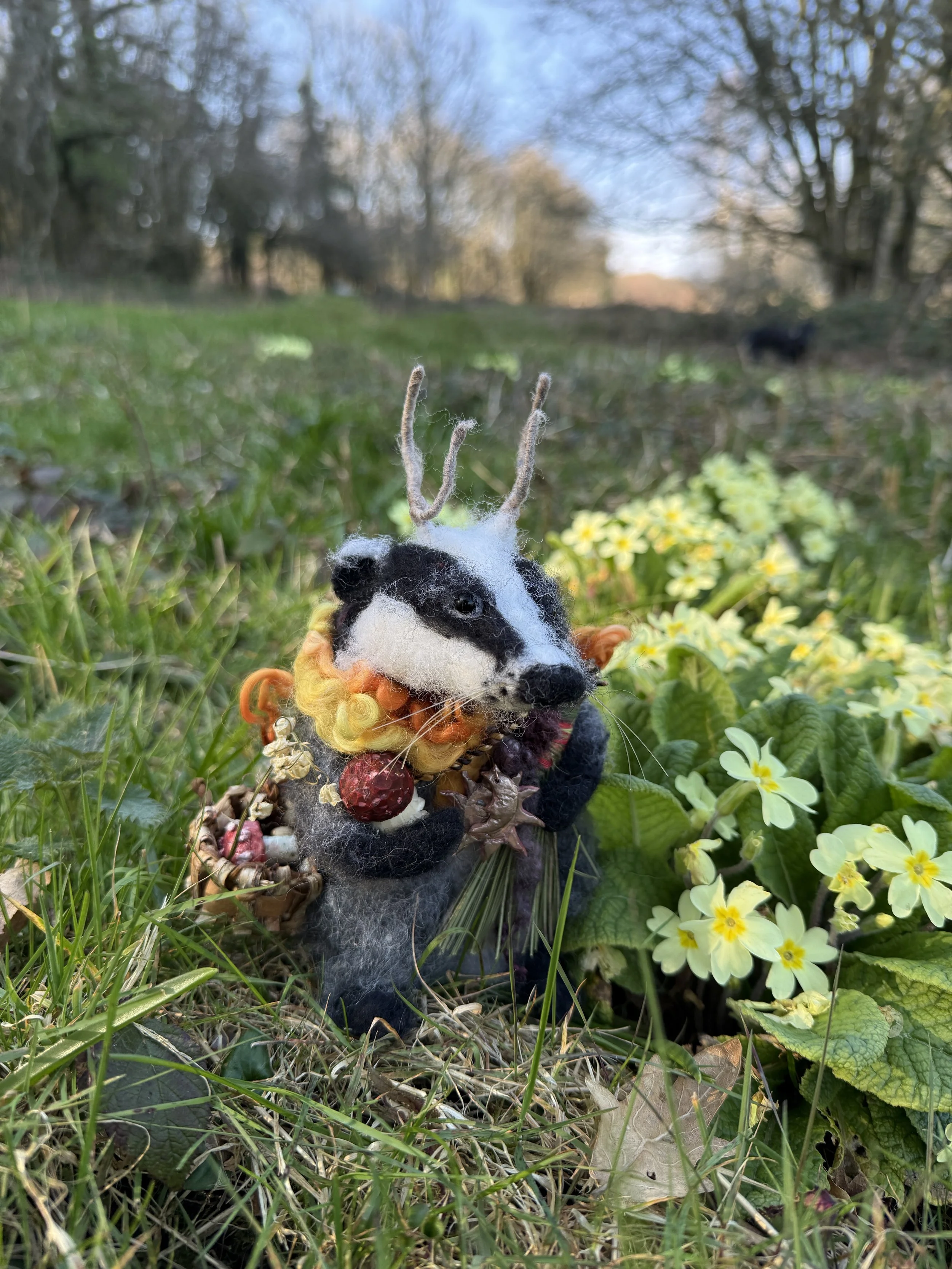 needle felted badger celestine and the hare spring .JPG