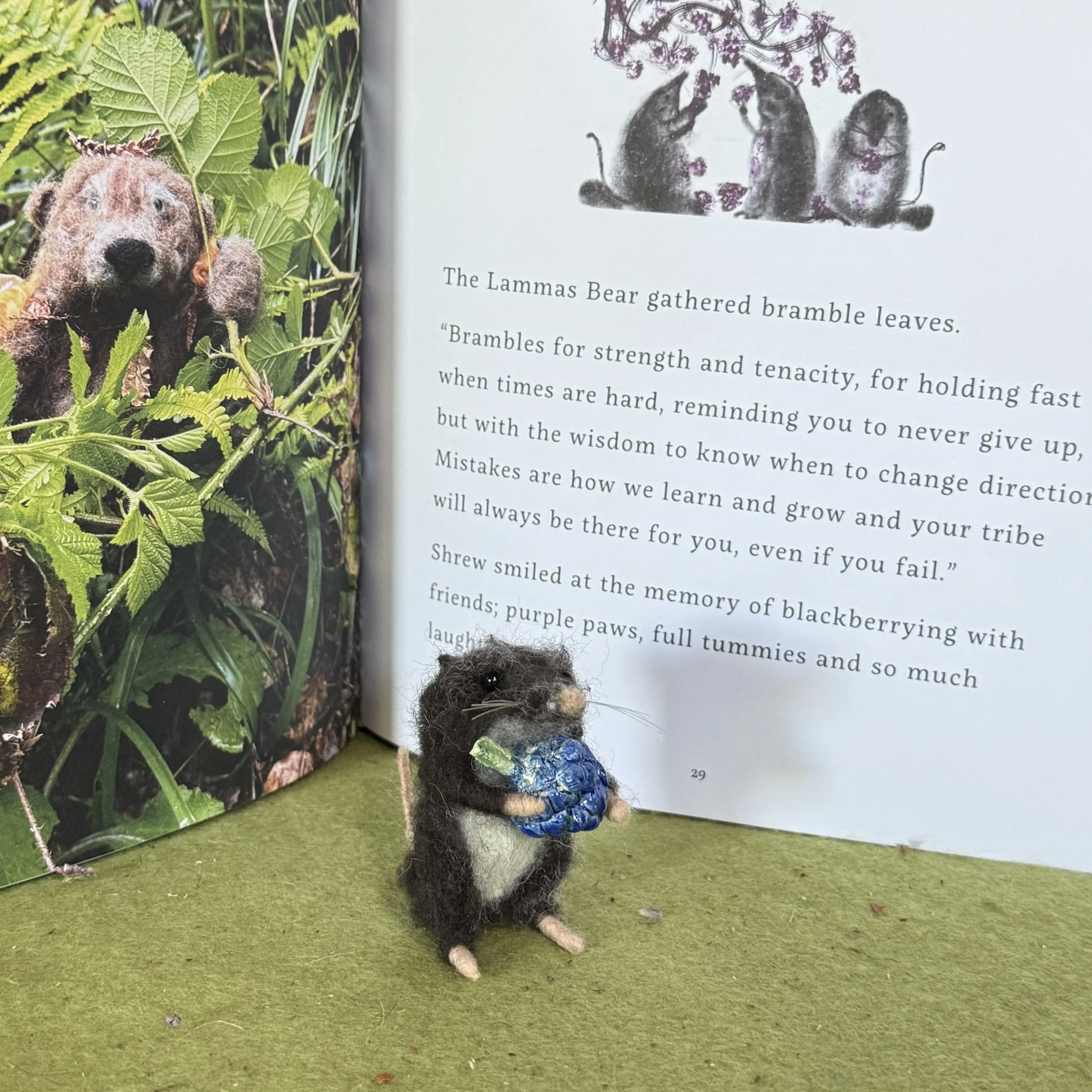 Shrew smiled at the memory of blackberrying with friends, purple paws, full tummies and so much laughter. Little shrew approx 6cm tall with a ceramic blackberry. 
