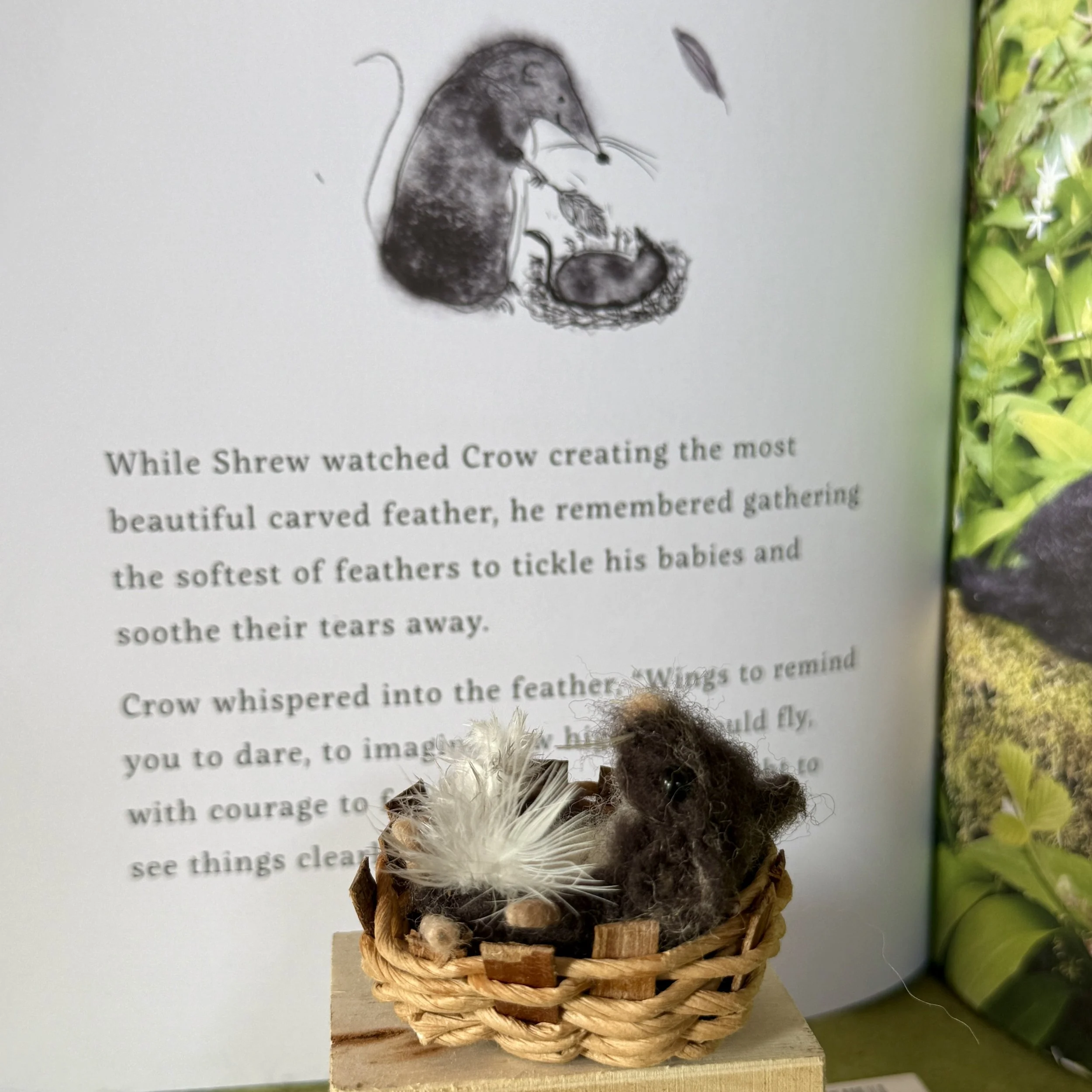 Old shrew gathered feathers to tickle the baby's tears away. Tiny baby shrew in a tiny basket with a tiny feather. approx 5cm long
