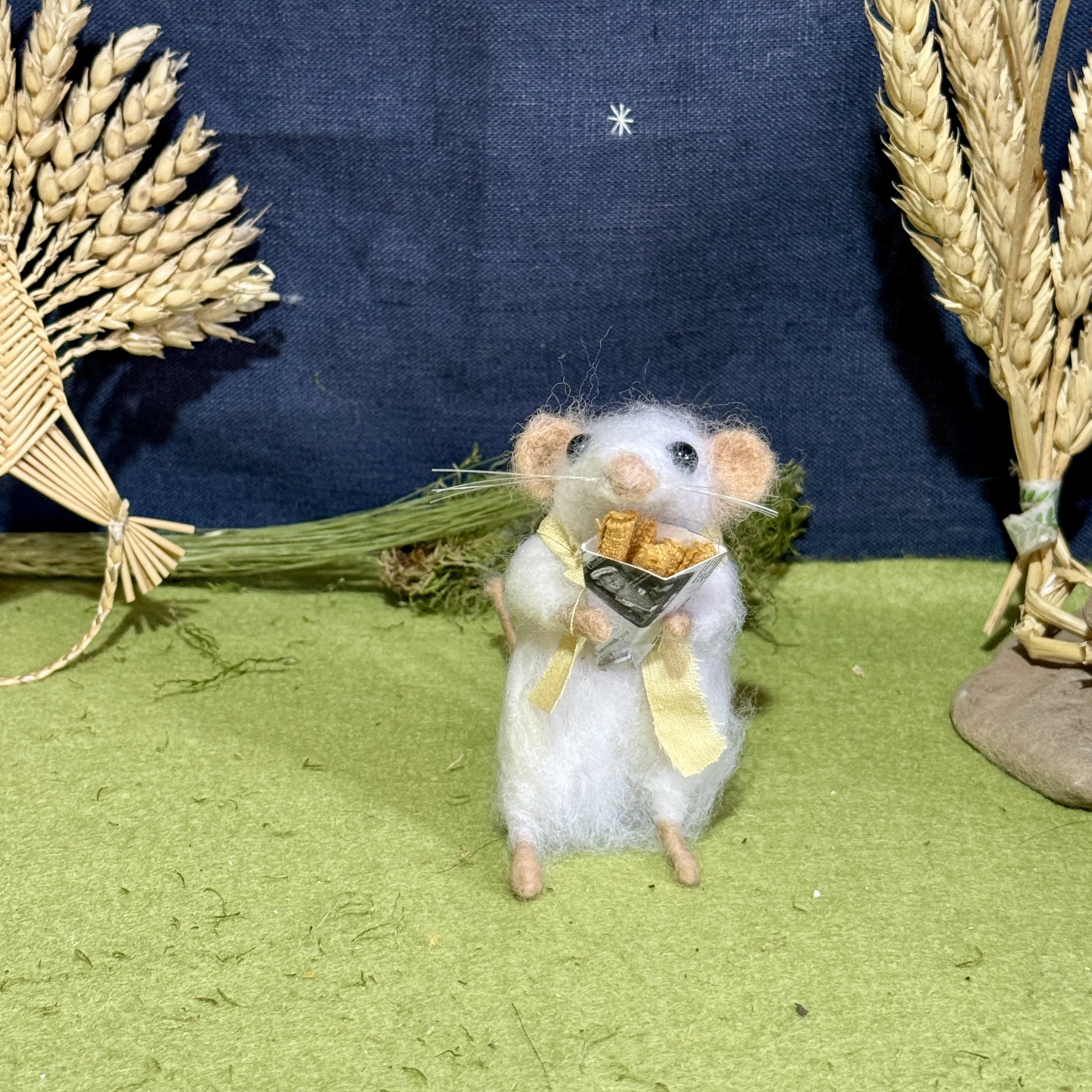 Little white rat with a grey spot on their back, jumped ship to nab a cone of chips which is made from the shed news! Approx 9cm tall £142