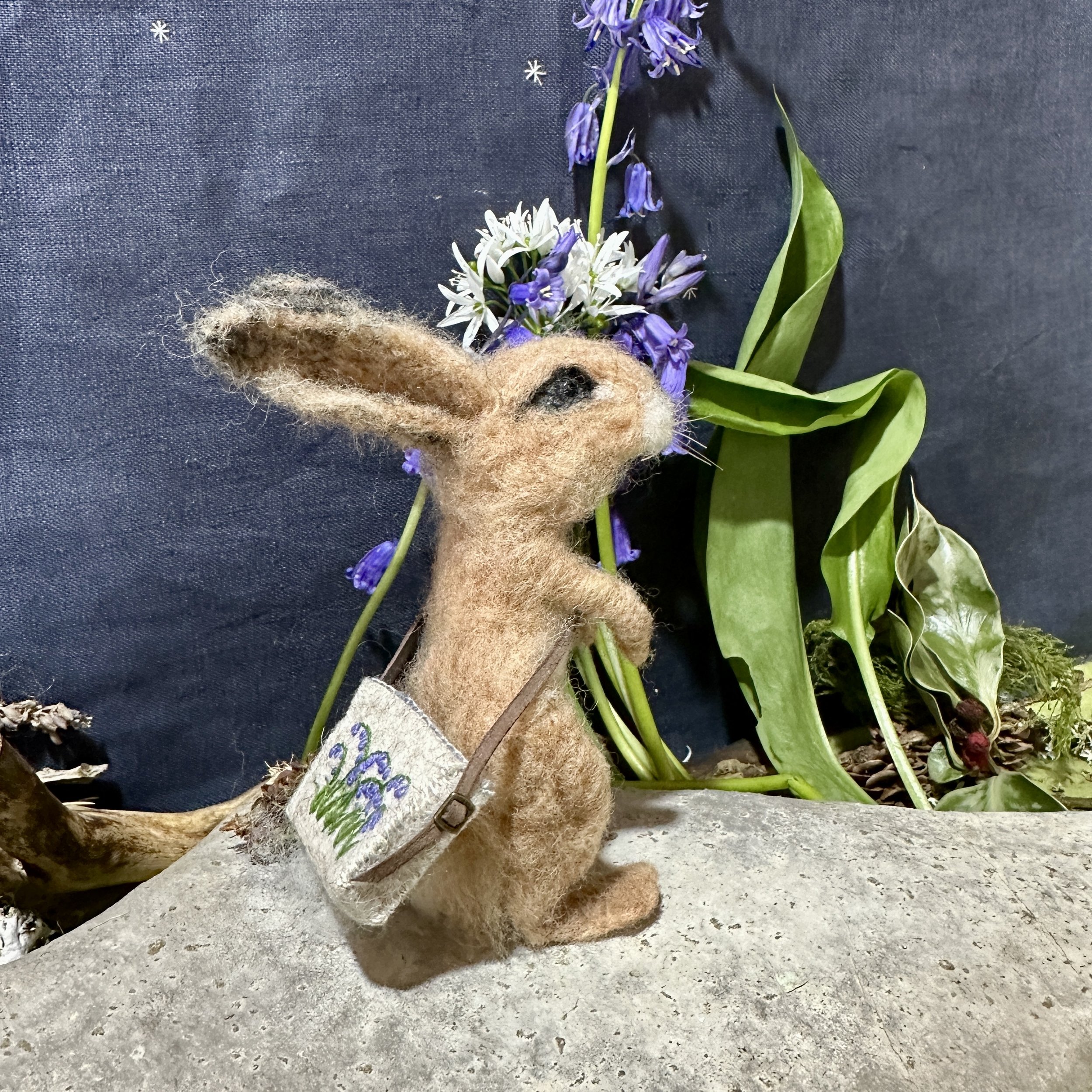 needle felted hare Celestine and the hare bluebells.jpg