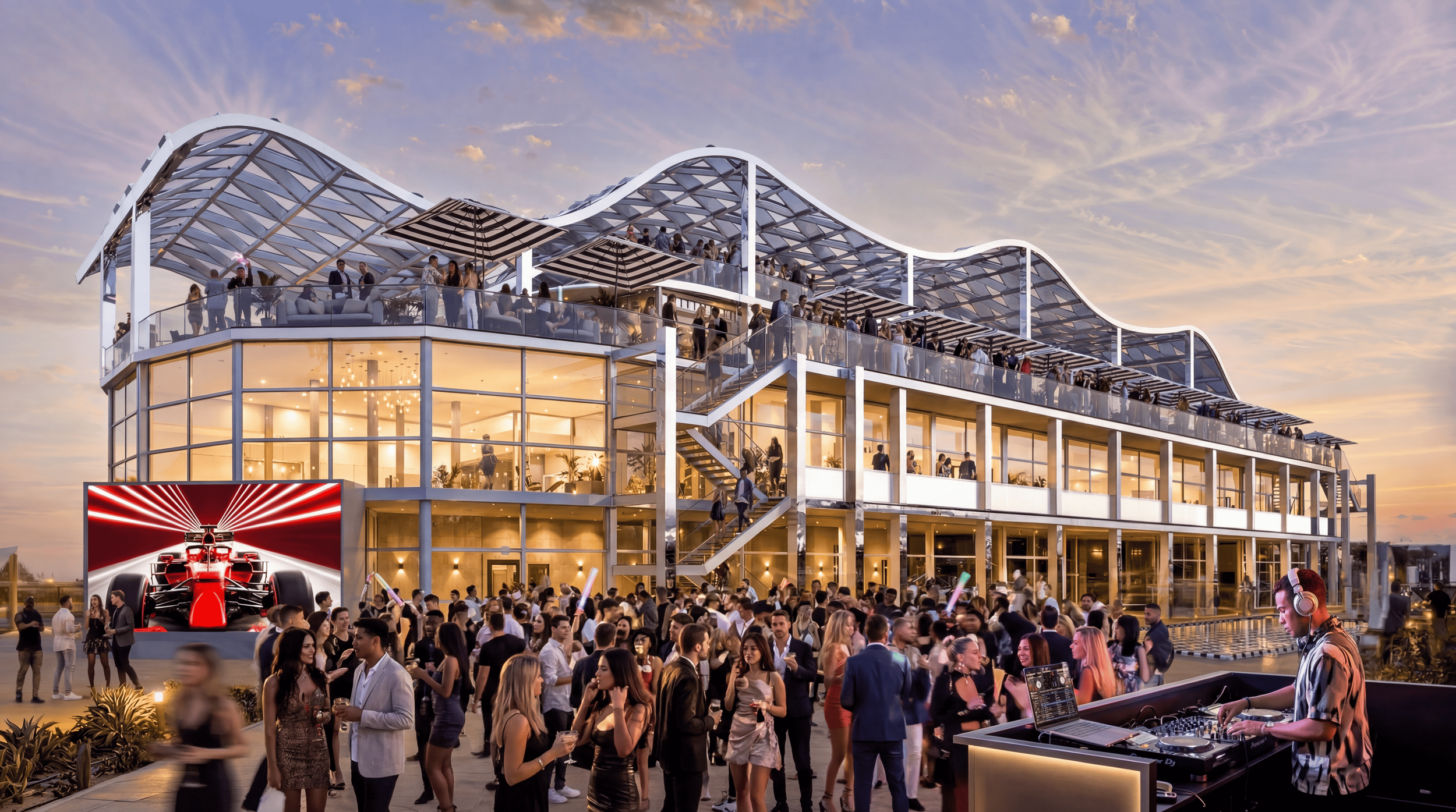 La Azotea, la nueva y sofisticada estructura detres plantas deMATCH Hospitality que redefinirá el hospitality del circuito MADRING en el FORMULA 1 TAG HEUER GRAN PREMIO DE ESPAÑA 2026