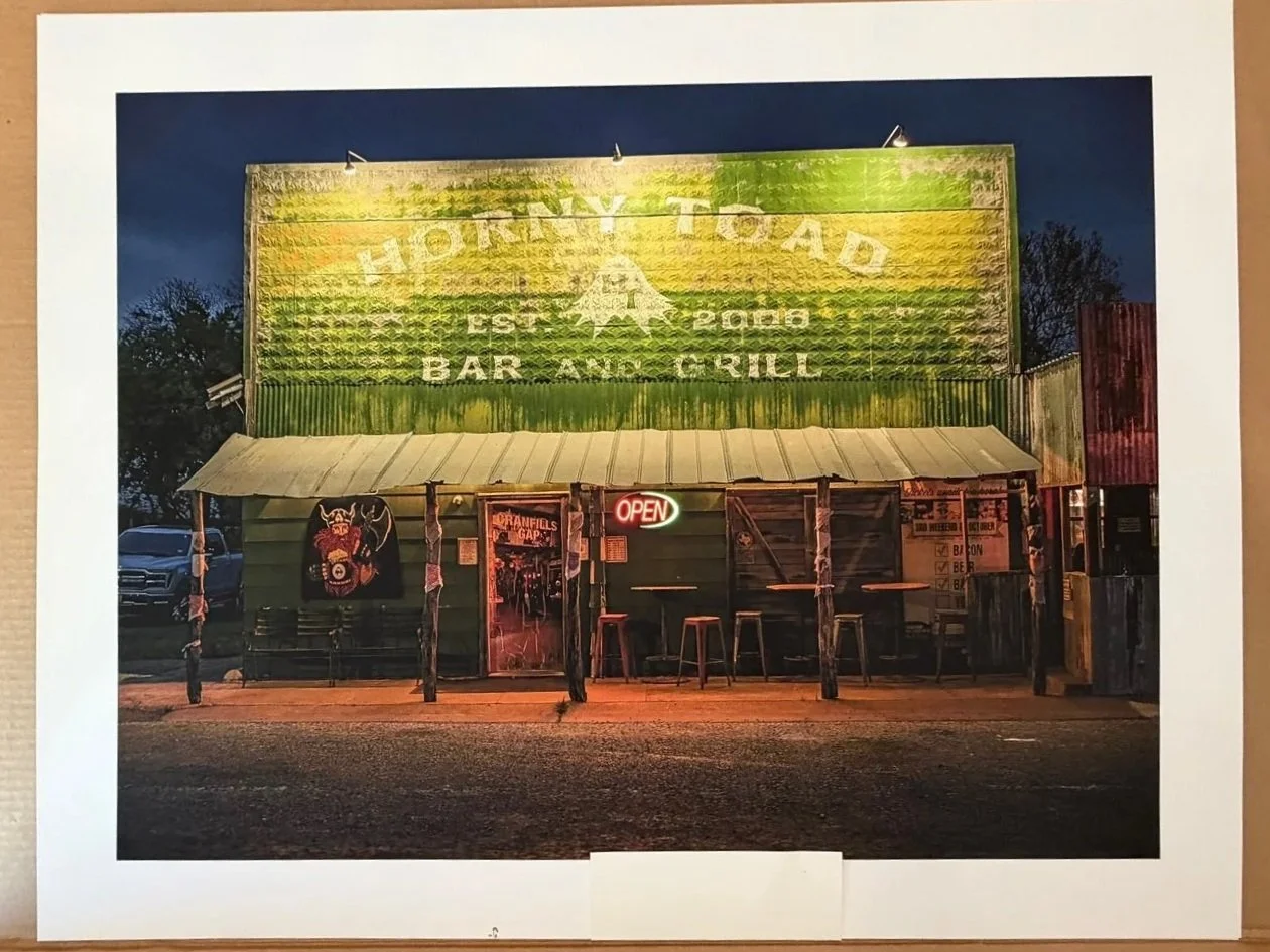 Unsigned loose print of the Horny Toad bar & grill storefront, in the studio