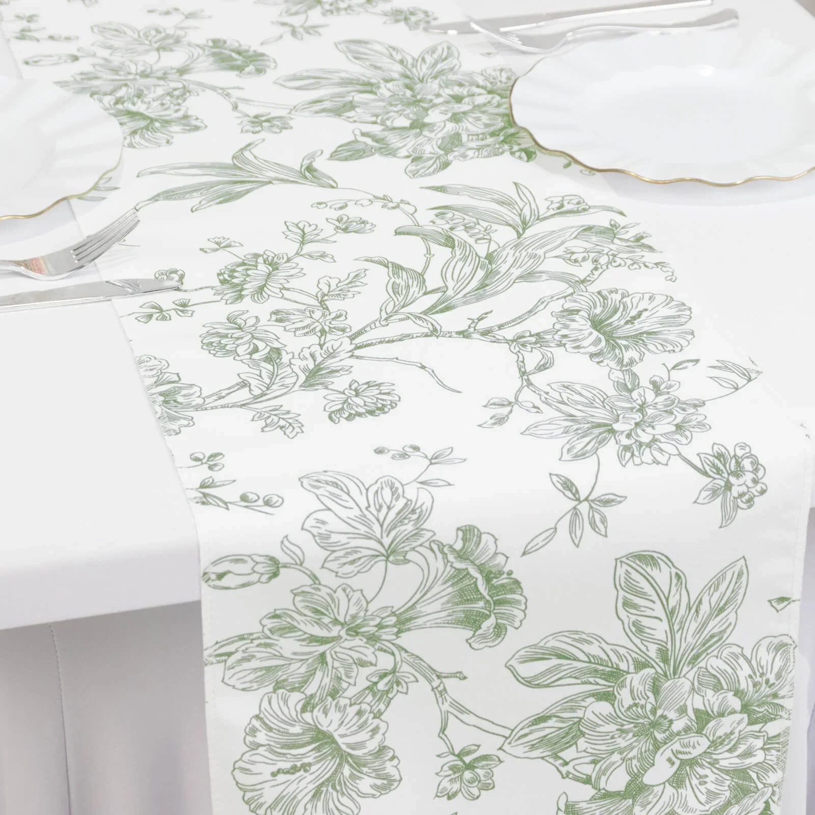 French Toile Table Runner – White & Sage Green – Wedding & Event Rental (12"x108")