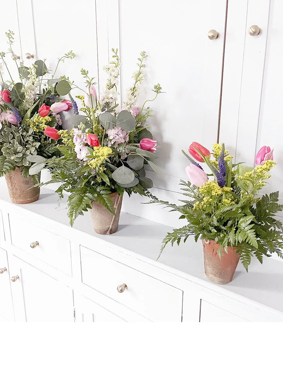 European-style floral arrangements in terracotta pots shown in small, medium, and large sizes for comparison.