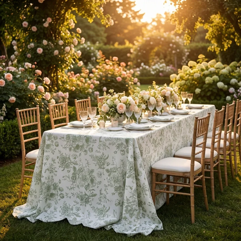French Toile Tablecloth – White & Sage Green – Wedding & Event Rental