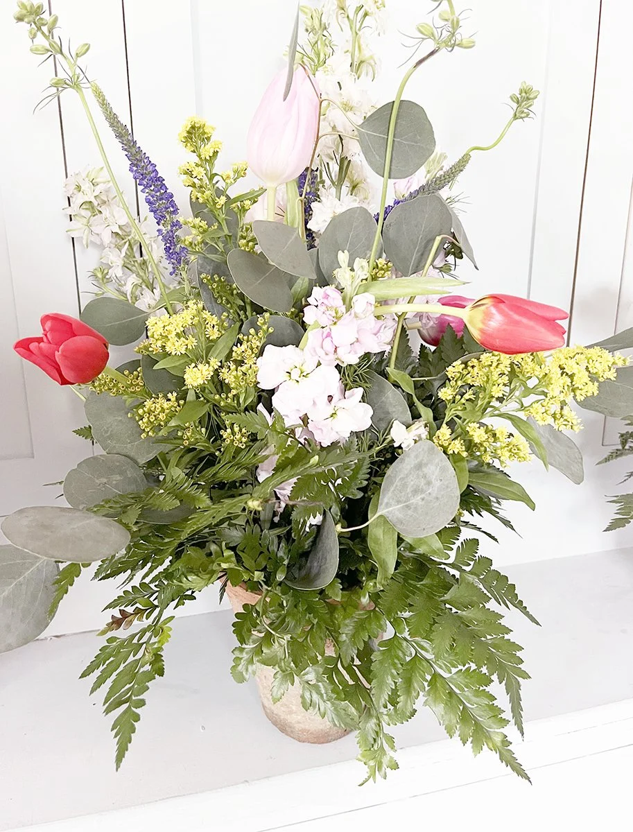 Medium European-inspired floral arrangement in a French terracotta pot with tulips, sweet-smelling stock, veronica, and solidago, styled in a natural Parisian design.
