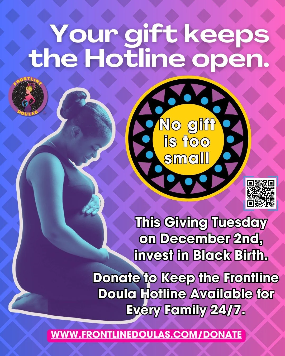 Your support keeps a lifeline open. 💛
This #GivingTuesday, help us keep the Frontline Doulas Hotline available seven days a week for families seeking culturally grounded perinatal care.
No gift is too small to make a real difference.
💛 Donate today