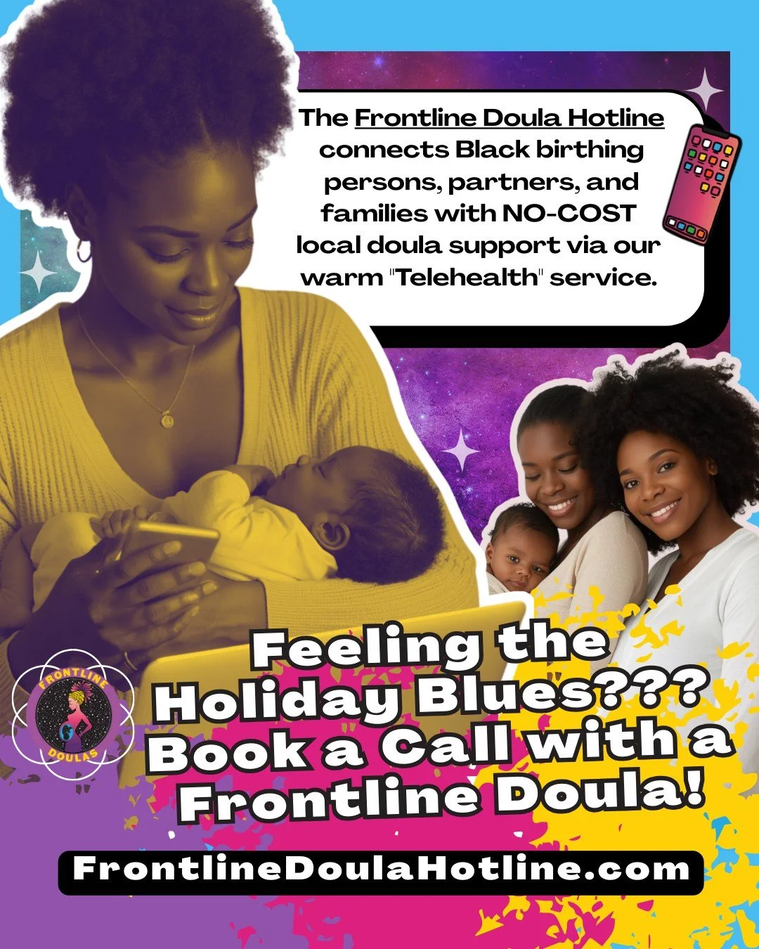 The holidays can feel heavy, especially during pregnancy or postpartum. 💛
If you&rsquo;re feeling overwhelmed, anxious, or just need someone to talk to, the Frontline Doula Hotline is here for you.

We offer no-cost, culturally rooted telehealth sup