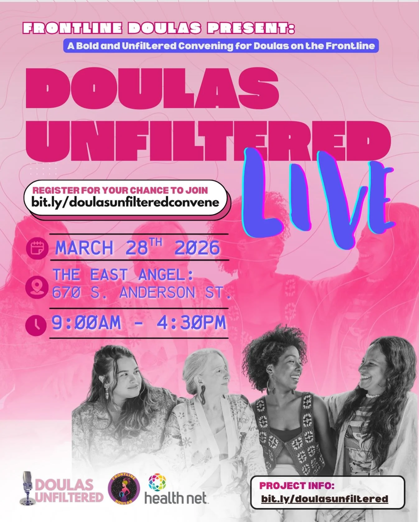 DOULAS UNFILTERED LIVE: The Power of Connectivity and Connection&nbsp;
WHEN: Saturday, March 28, 2026, 9:00am - 4:30pm
WHERE: The East Angel: 670 S. Anderson St. LA 90023
REGISTRATION: bit.ly/doulasunfilteredconvene
&nbsp;
Doulas Unfiltered Live is a