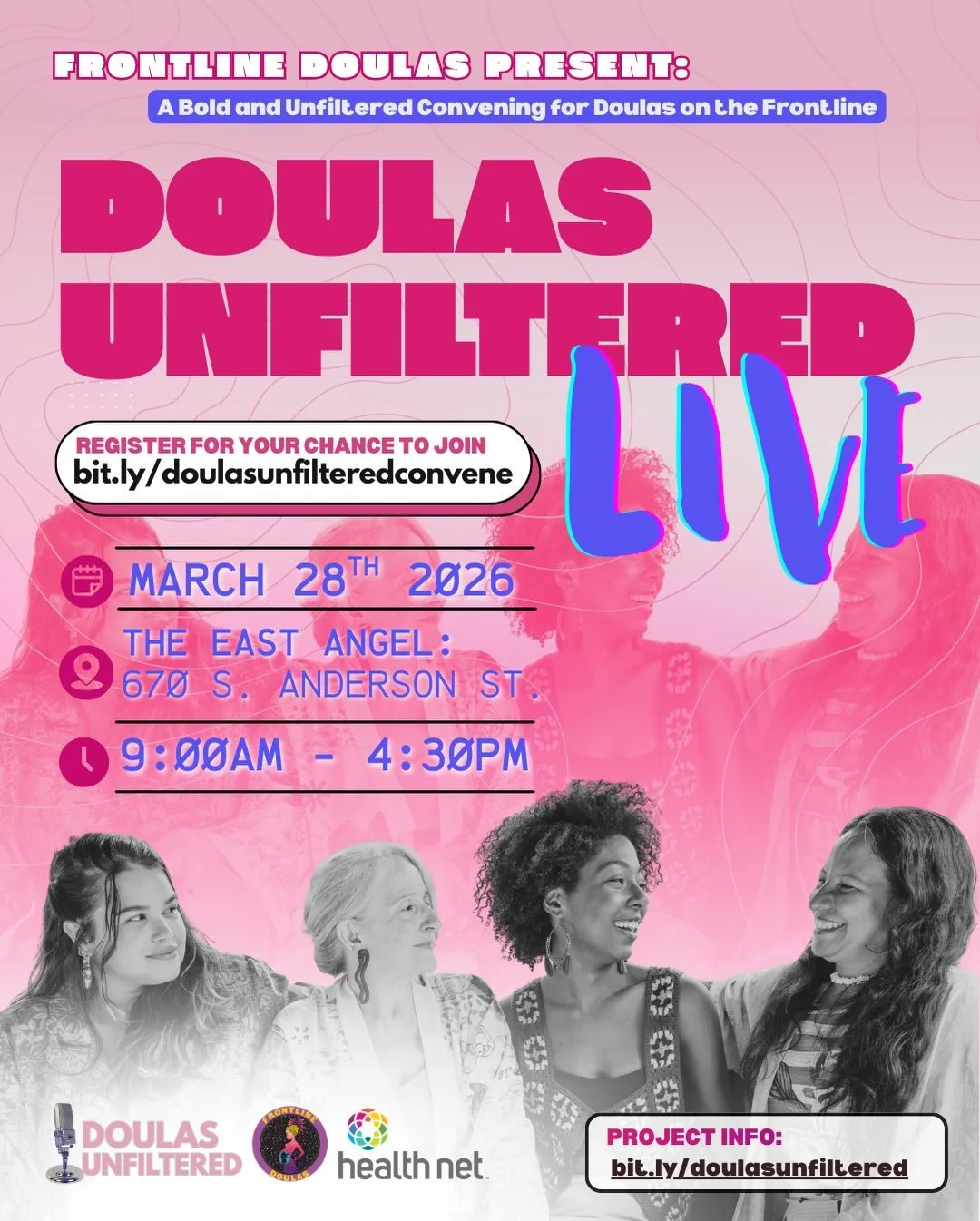 DOULAS UNFILTERED LIVE: The Power of Connectivity and Connection&nbsp;
WHEN: Saturday, March 28, 2026, 9:00am - 4:30pm
WHERE: The East Angel: 670 S. Anderson St. LA 90023
&nbsp;
Please swipe to take a look at our schedule of events, panels, breakout 