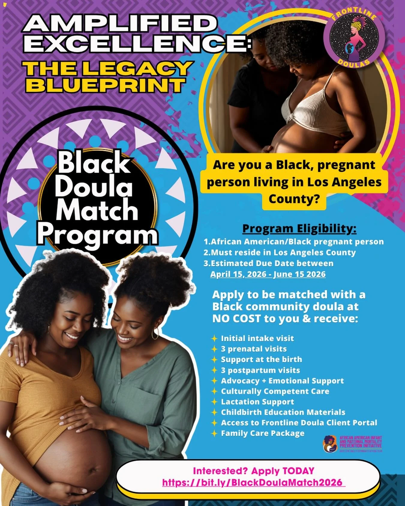 📣A few spots remain! The Black Doula Match Program is Now Accepting FOUR more families!

Are you a Black, pregnant person in Los Angeles County? Or know someone who is? This is your opportunity to receive NO-COST doula support through our Amplified 