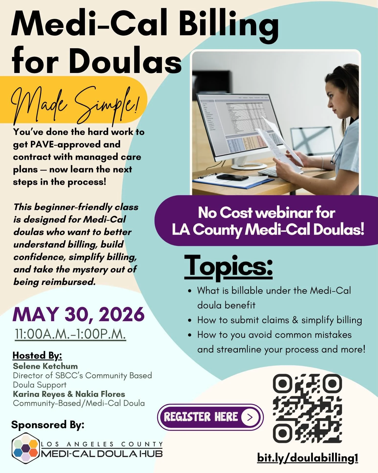 Espa&ntilde;ol Abajo

You&rsquo;ve done the hard work to get PAVE-approved and contract with managed care plans &mdash; now learn the next steps in the process!
Learn how to confidently bill for Medi-Cal doula services with this beginner-friendly, ha