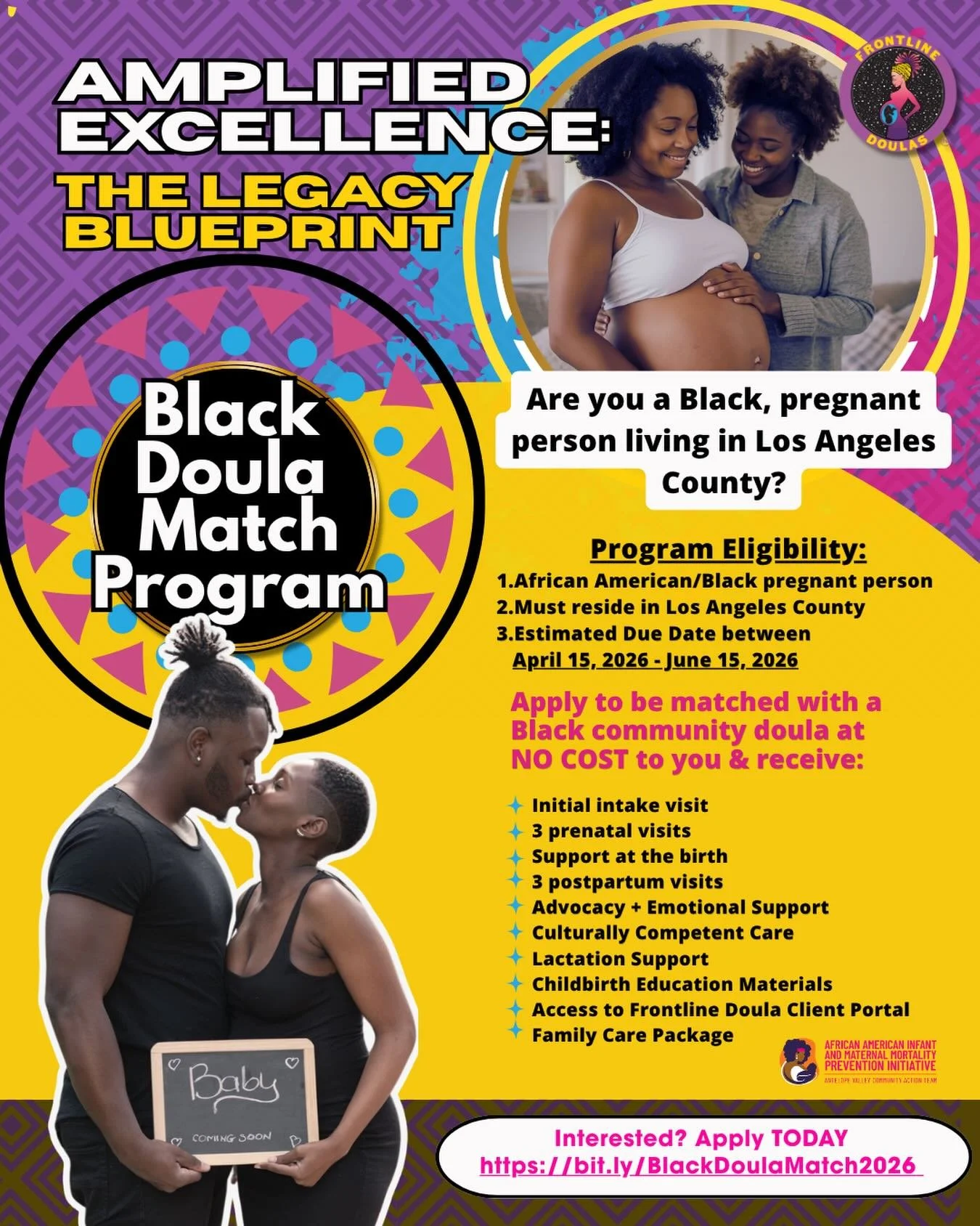 📢 A few spots remain! The Black Doula Match Program is Now Accepting THREE more families!

Are you a Black, pregnant person in Los Angeles County? Or know someone who is? This is your opportunity to receive NO-COST doula support through our Amplifie